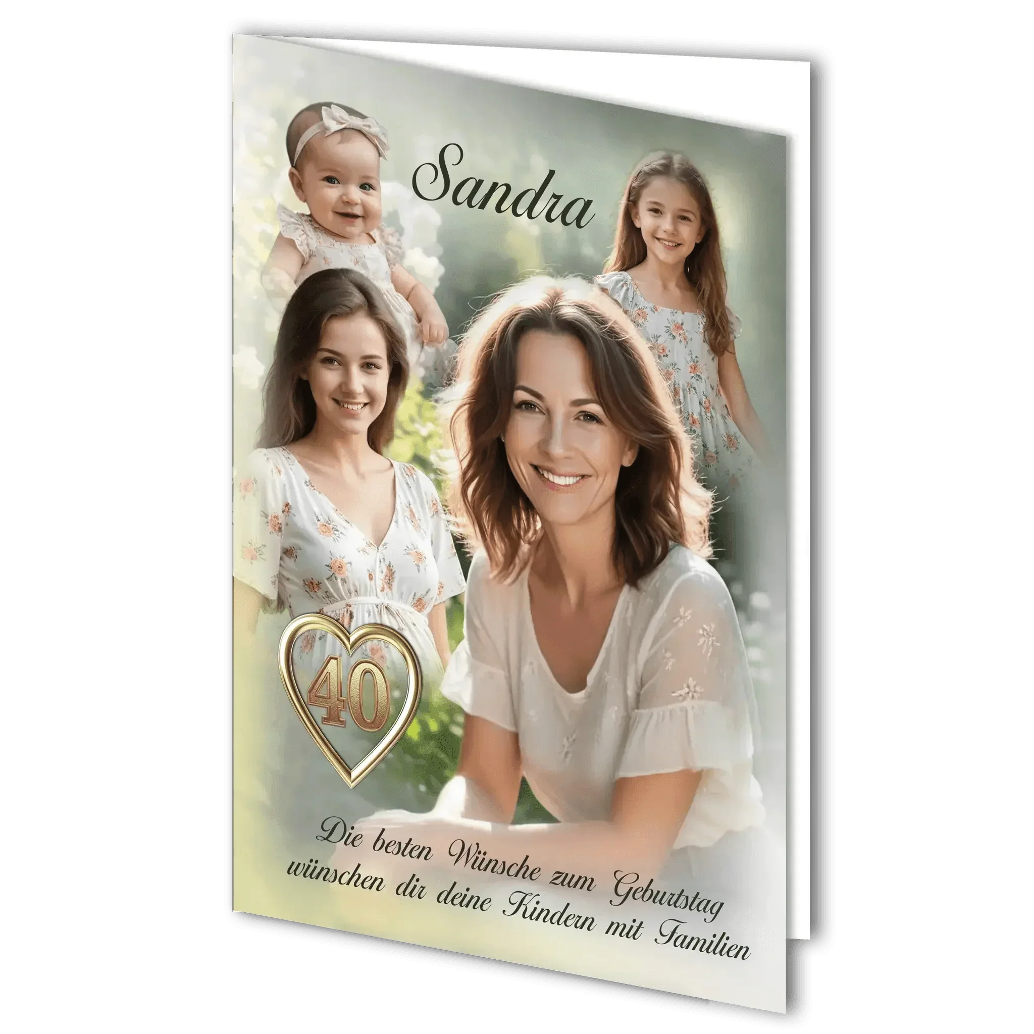 Personalisierte Geburtstagskarte 40. Geburtstag mit Frauen und Kindern, Herzmotiv, Blumen, Schriftzug Sandra.
