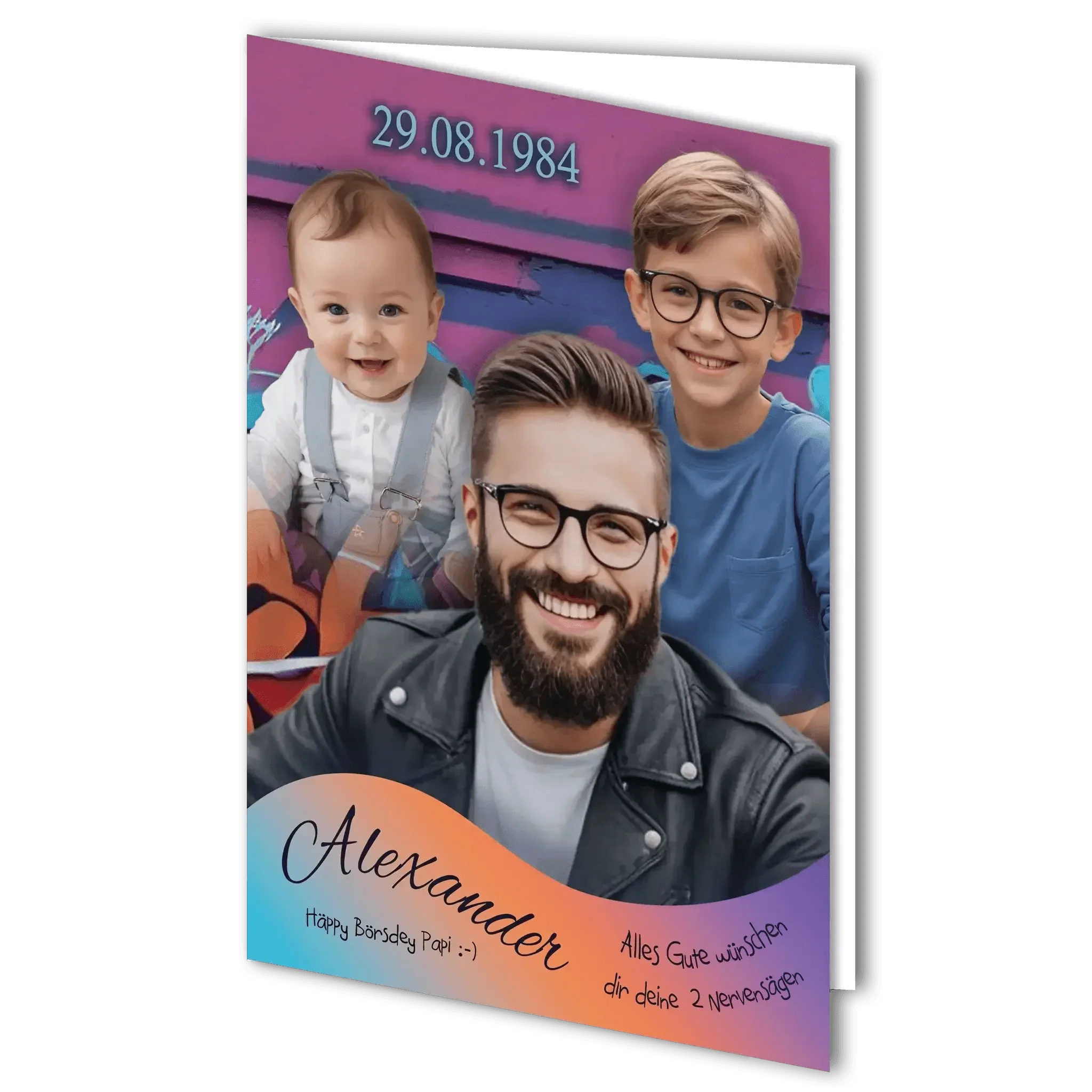 Personalisierte Geburtstagskarte mit Foto von drei Personen, Datum 29.08.1984, Name Alexander
