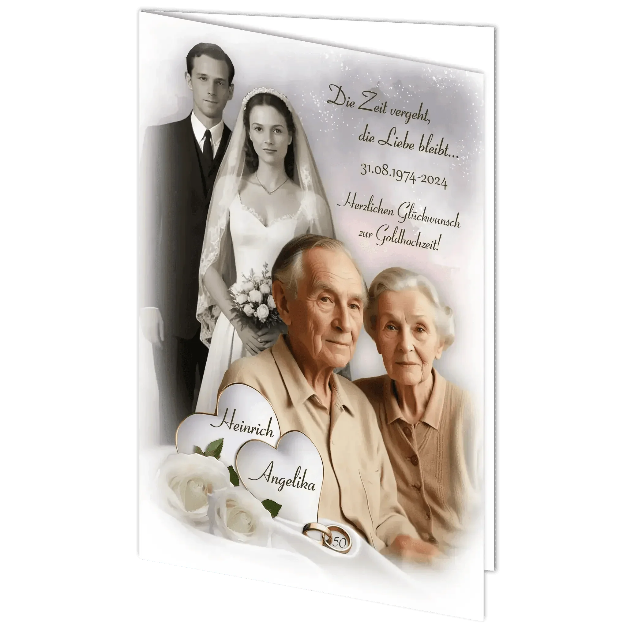 Grußkarte Goldene Hochzeit mit älterem Ehepaar, jungem Brautpaar, weißen Rosen und Eheringen