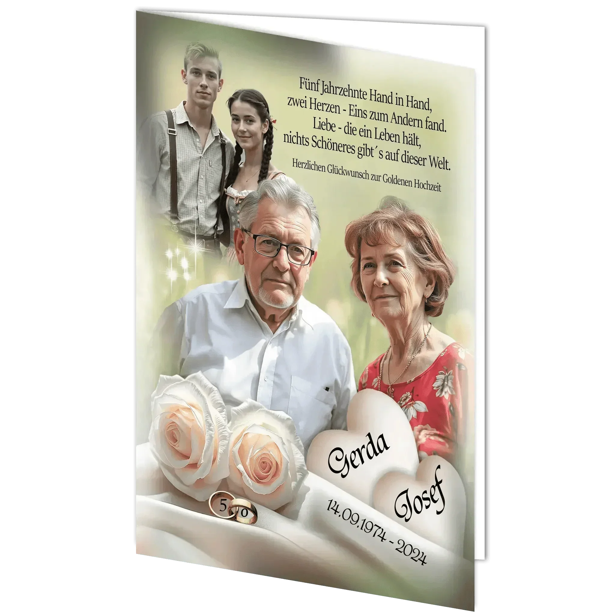 Grußkarte Goldene Hochzeit mit älterem Paar, Rosen, jüngeres Paar, Herzen und Datum