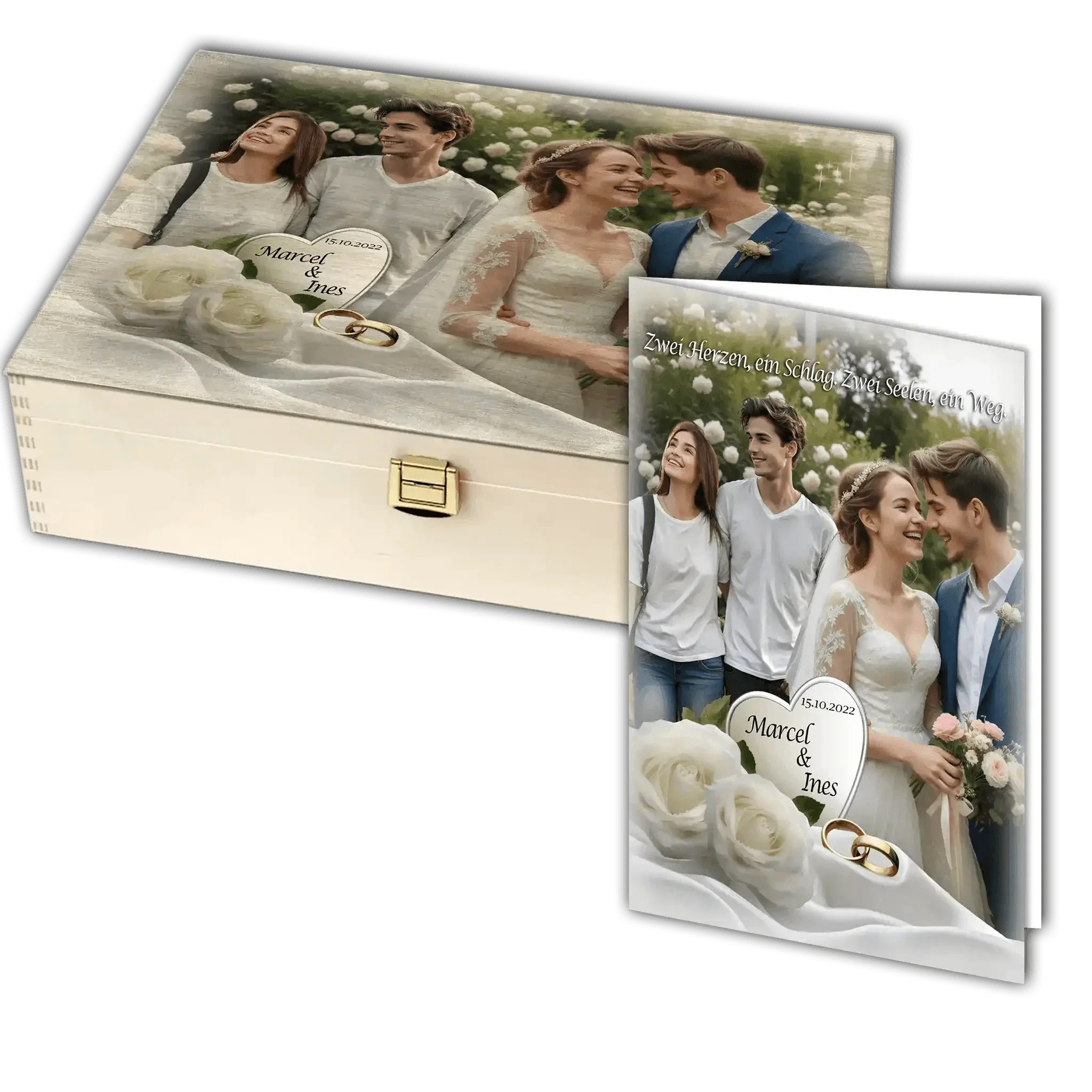 Personalisierte Hochzeit Holzbox mit Brautpaar-Foto, Namen und Datum, weiße Rosen