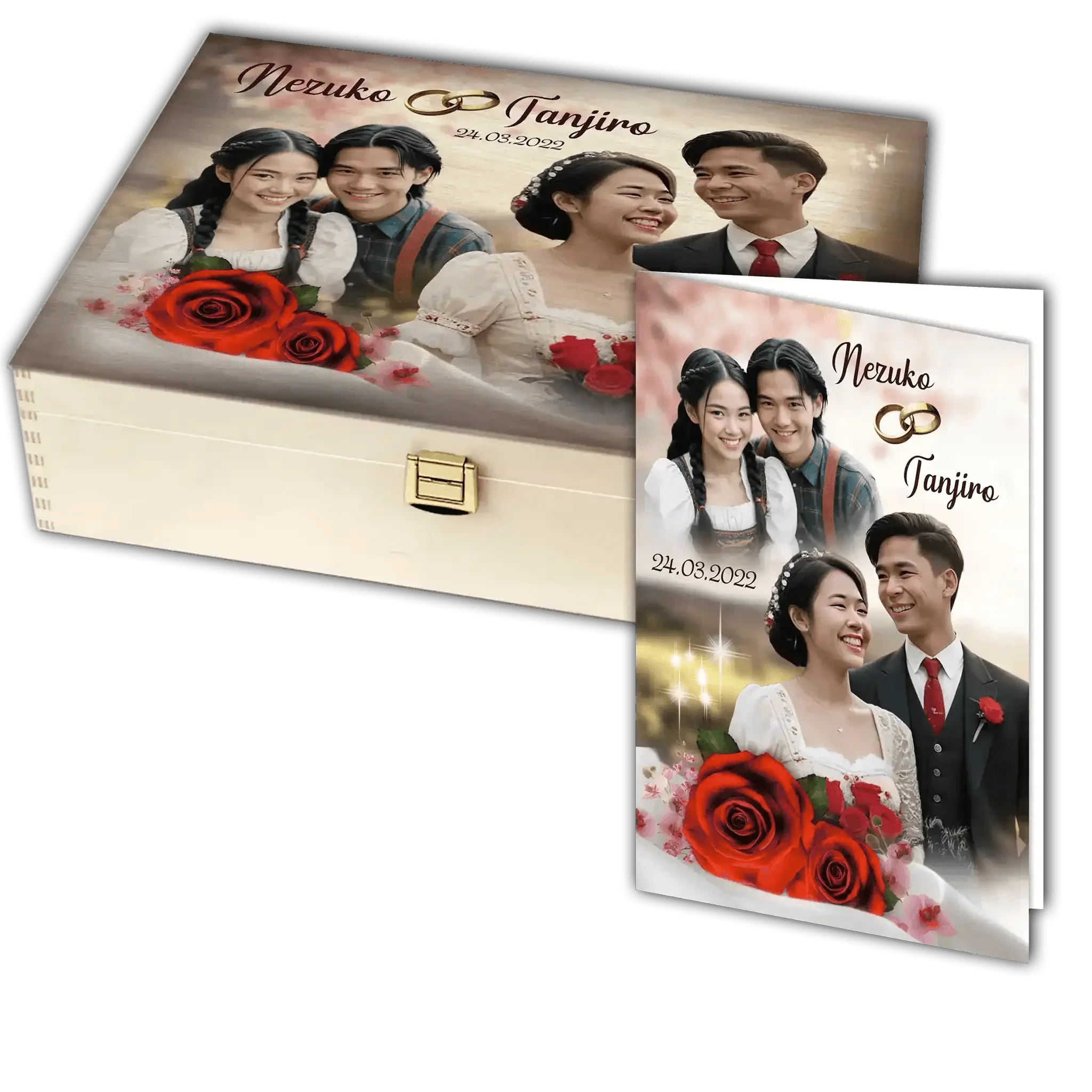 Personalisierte Hochzeit Holzbox und Karte mit Brautpaar, roten Rosen und goldenen Ringen, Datum 24.03.2022