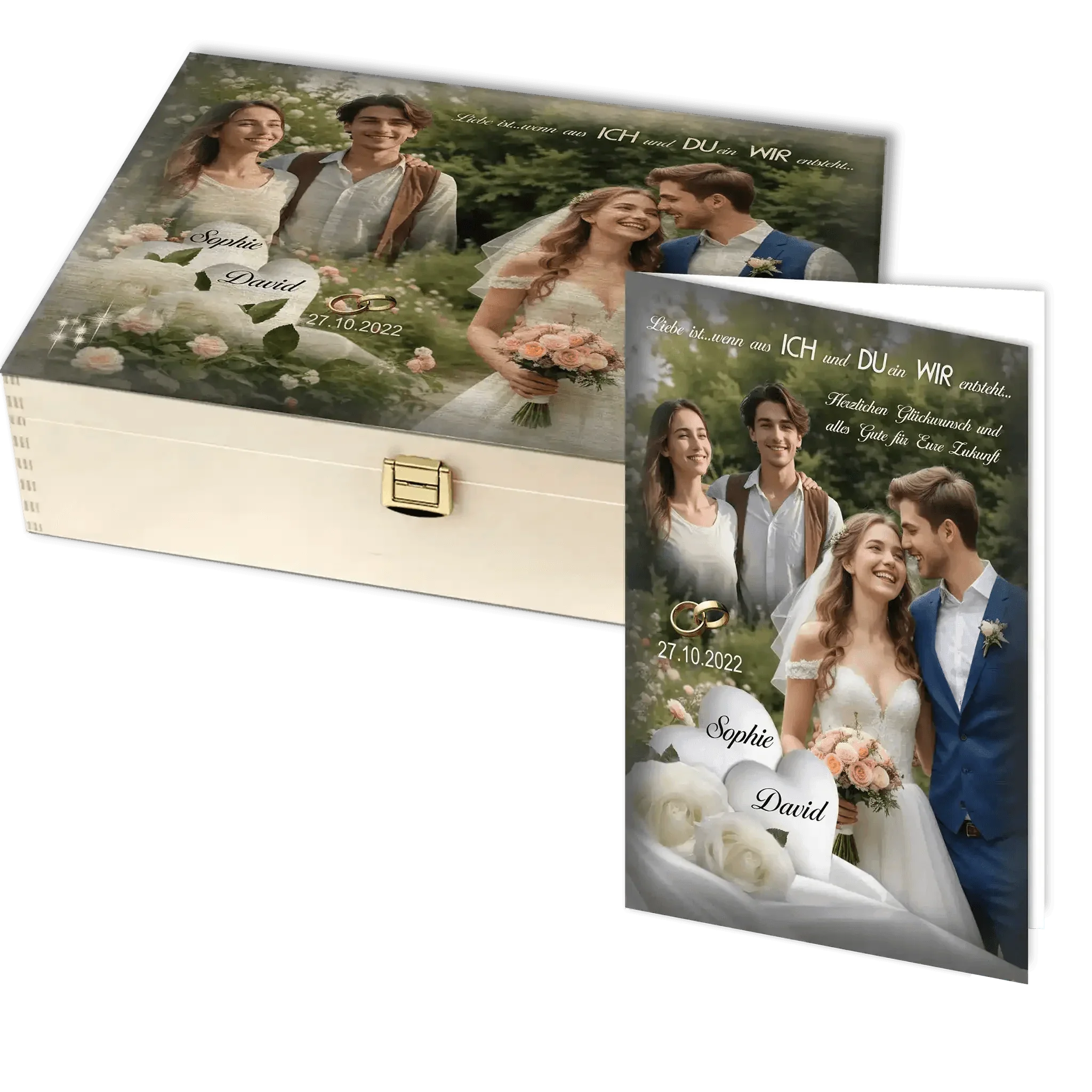 Personalisierte Hochzeit Holzbox und Karte mit Brautpaar, Rosen und Hochzeitsdatum, Geschenkidee