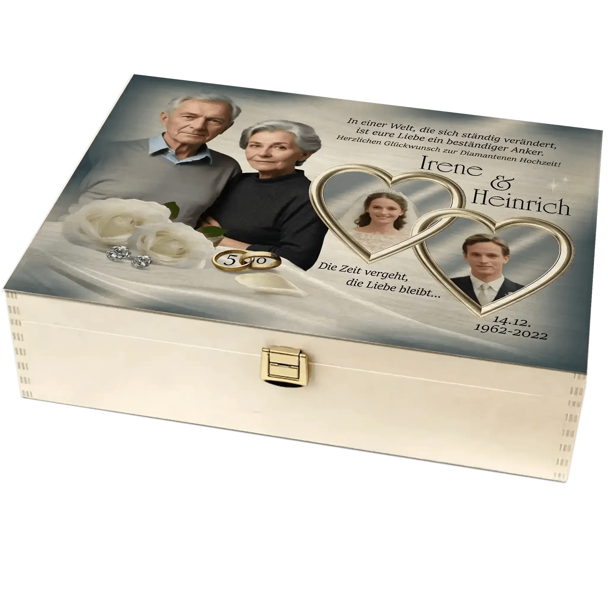 Personalisierte Holzbox zur Diamanthochzeit mit Fotos, Namen, weißen Rosen und goldenen Ringen