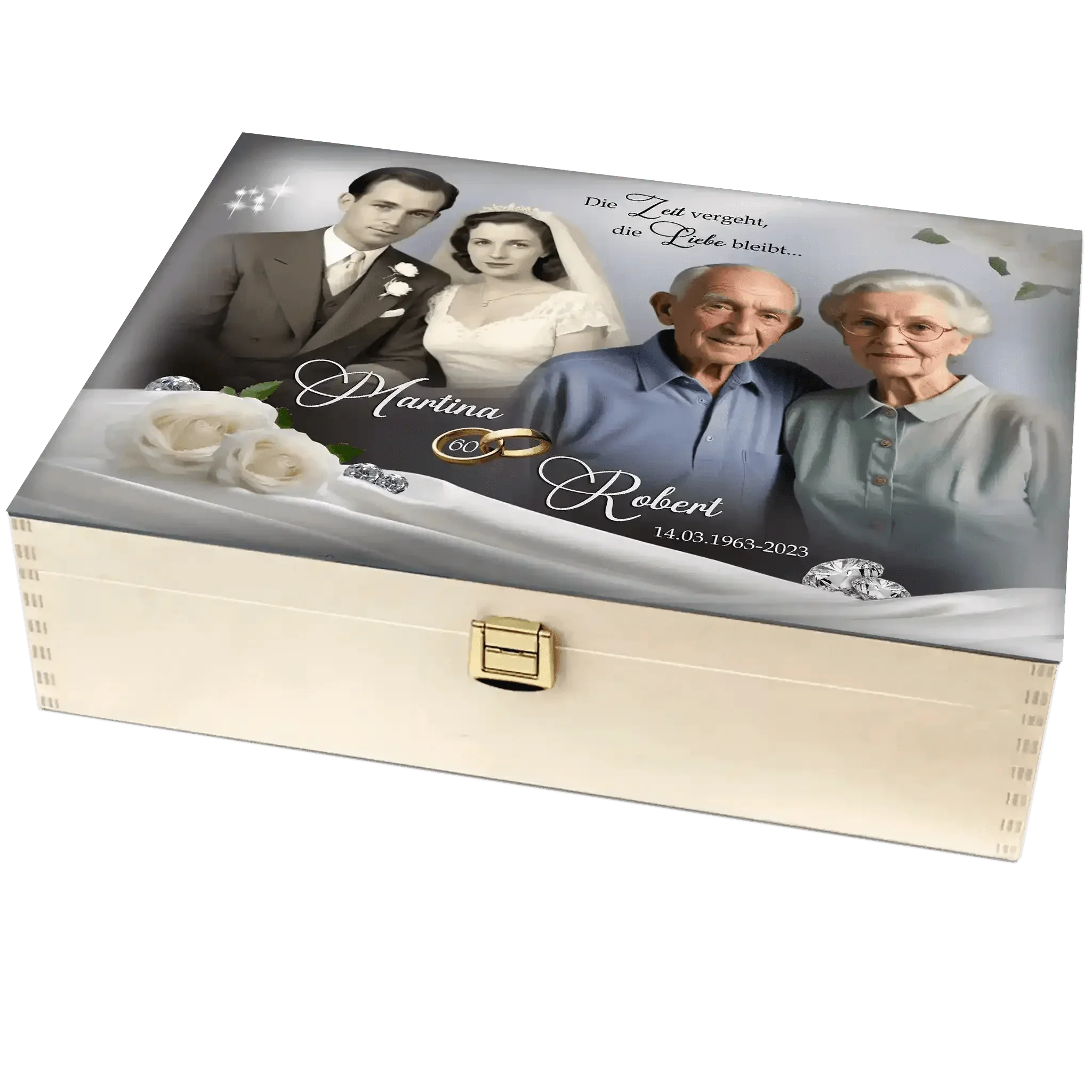 Holzbox Diamanthochzeit personalisiert mit Fotos, weißen Rosen, Ringen und Diamanten