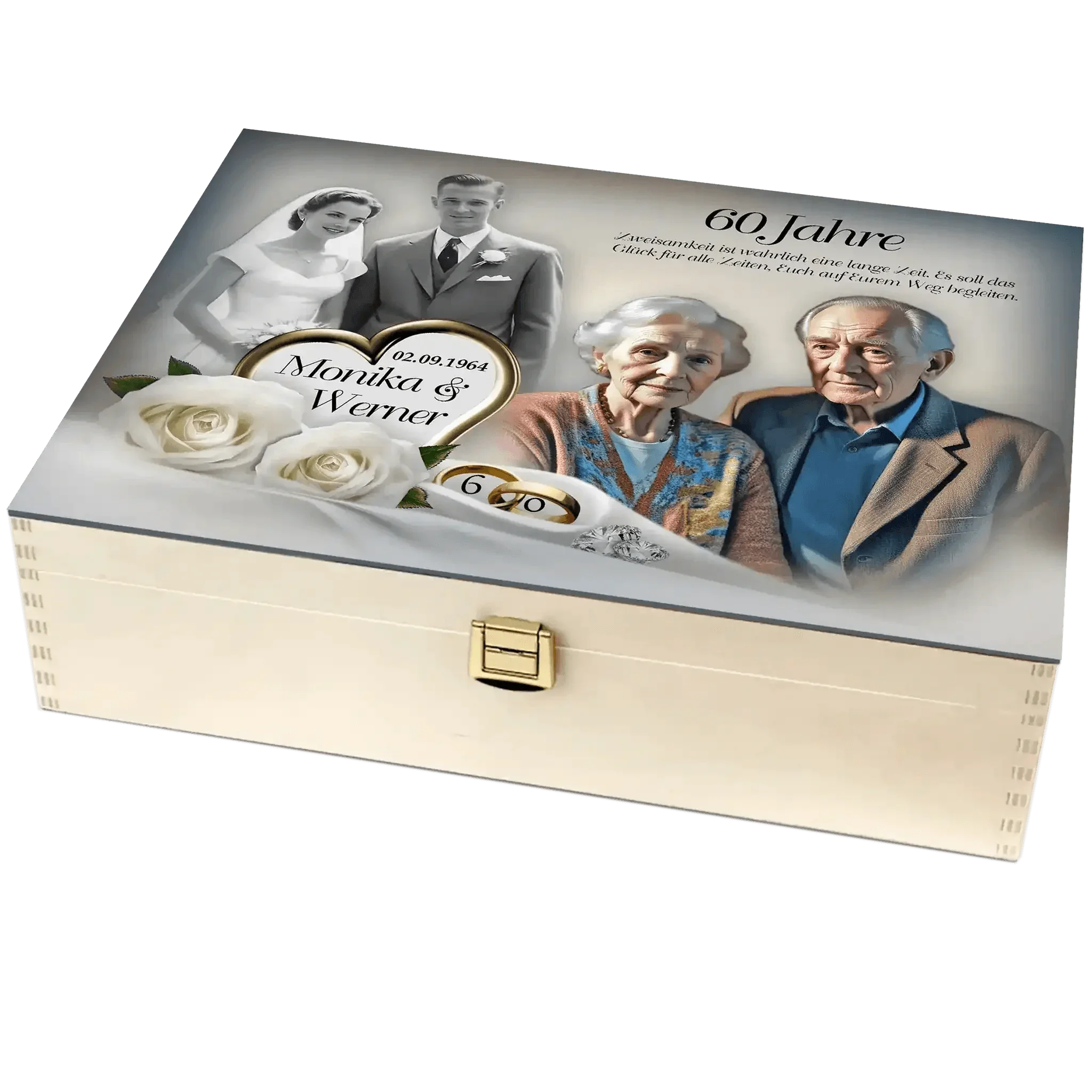 Personalisierte Holzbox zur Diamanthochzeit mit Fotos, Eheringen und weißen Rosen.