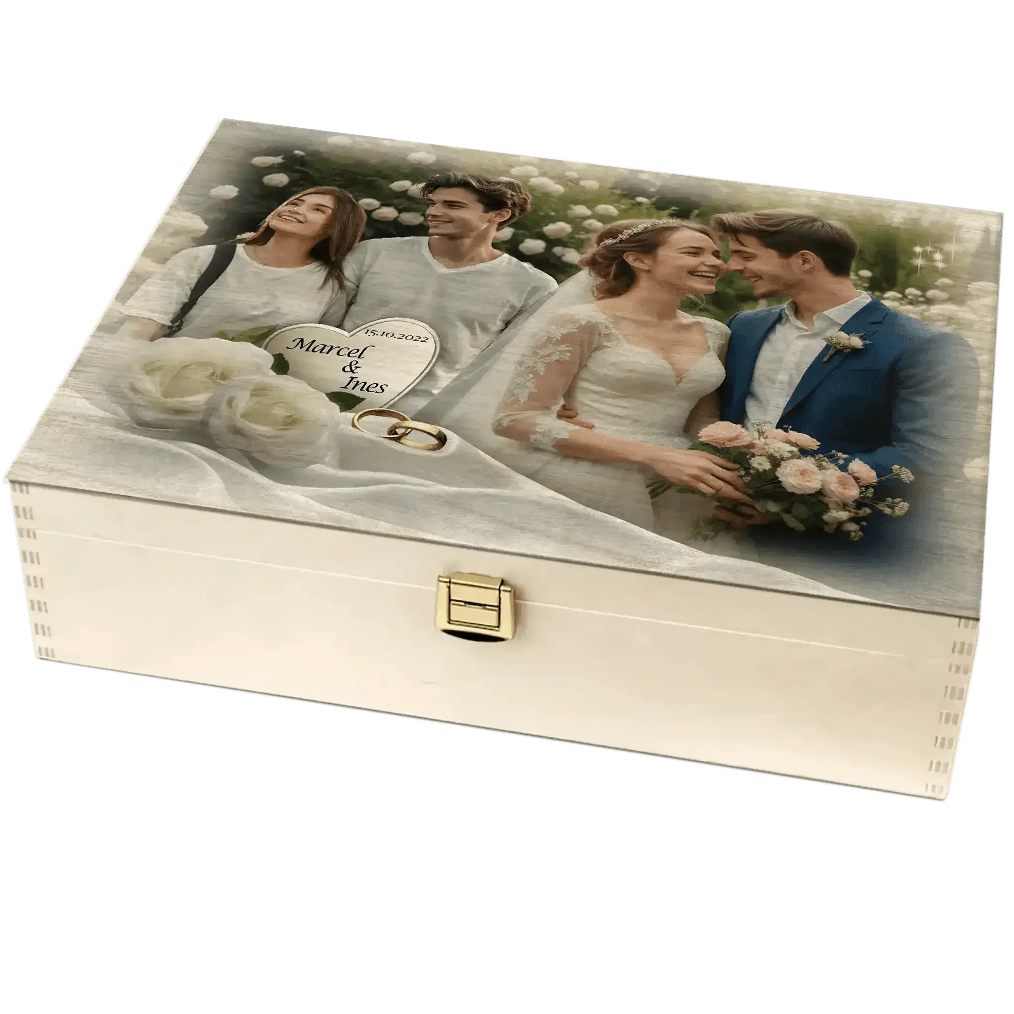 Personalisierte Holzbox zur Hochzeit mit Brautpaar, Blumen und graviertem Herz-Datum.