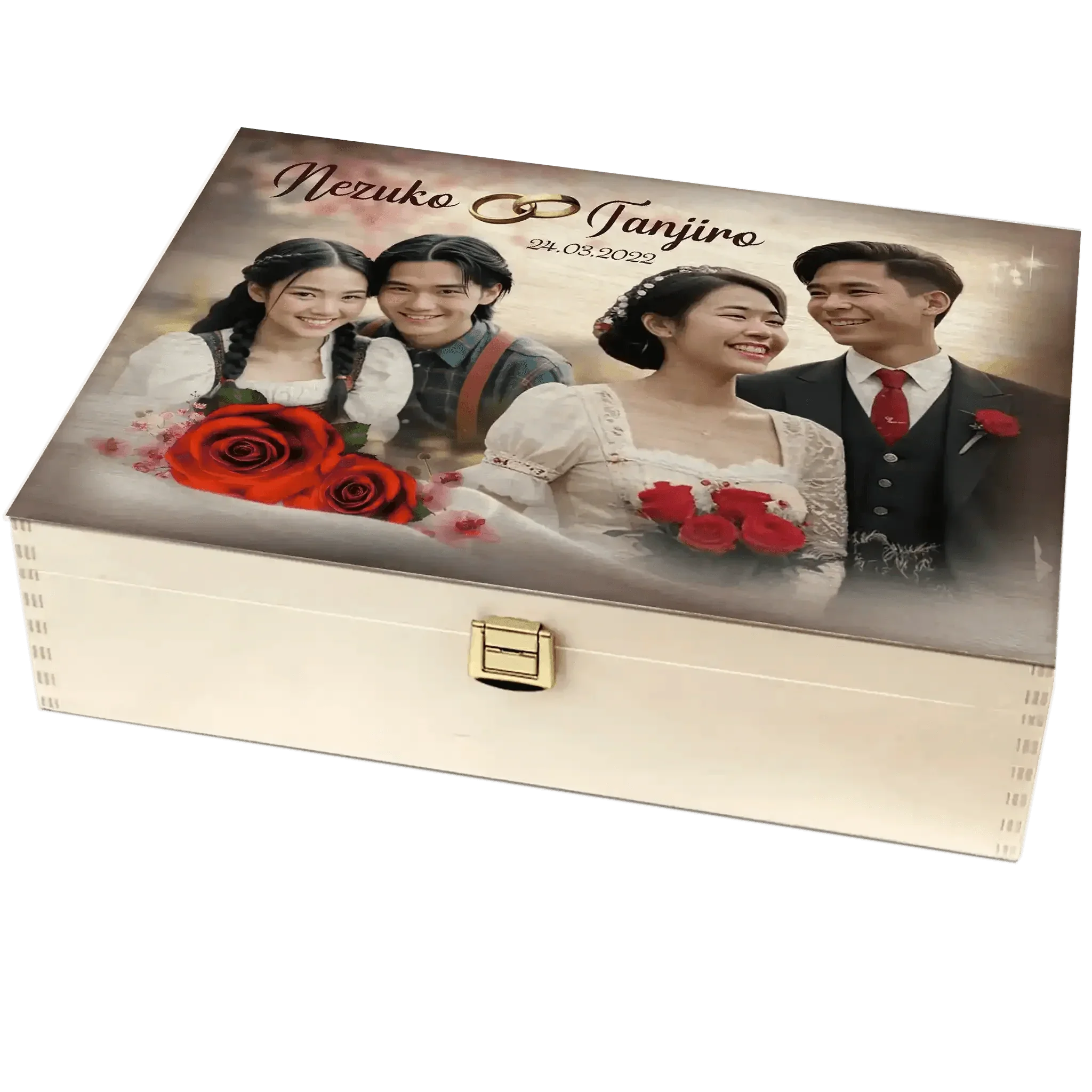 Personalisierte Holzbox Hochzeit mit Brautpaar, roten Rosen und Namen Nezuko Tanjiro bedruckt