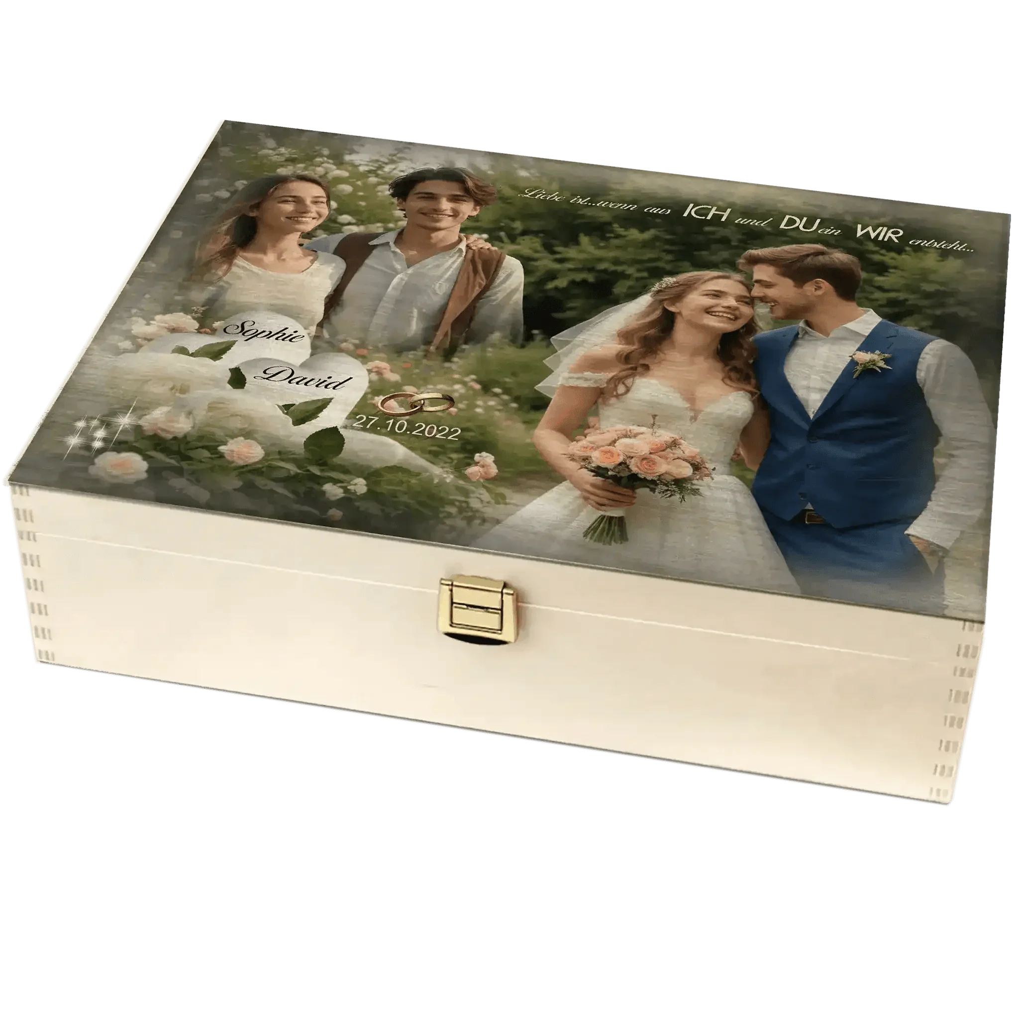 Personalisierte Holzbox mit Hochzeitsfoto, Brautpaar und Rosenmotiv, Namen und Datum graviert