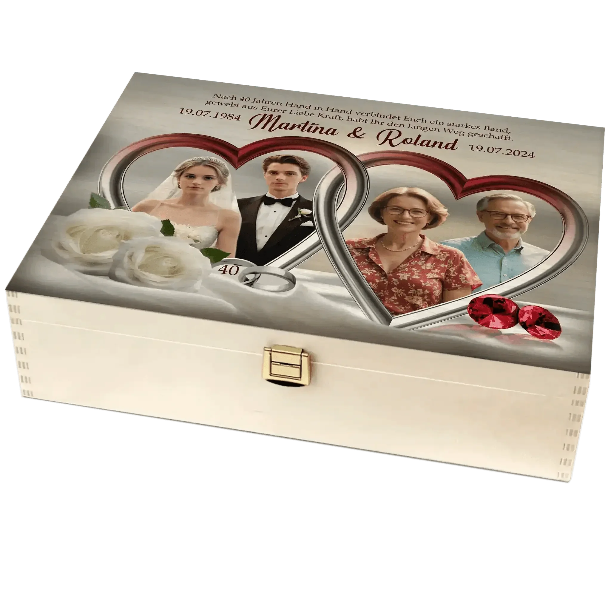 Holzbox zur Rubinhochzeit mit Paarfotos, weißen Rosen und roten Edelsteinen, graviertem Text