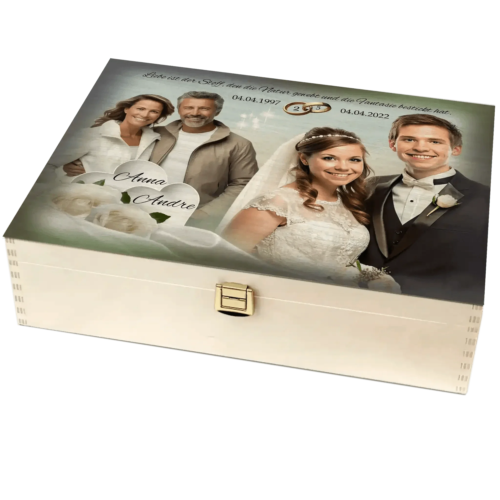 Personalisierte Holzbox Silberhochzeit mit Fotos von Paar und Brautpaar, Namen und Datum