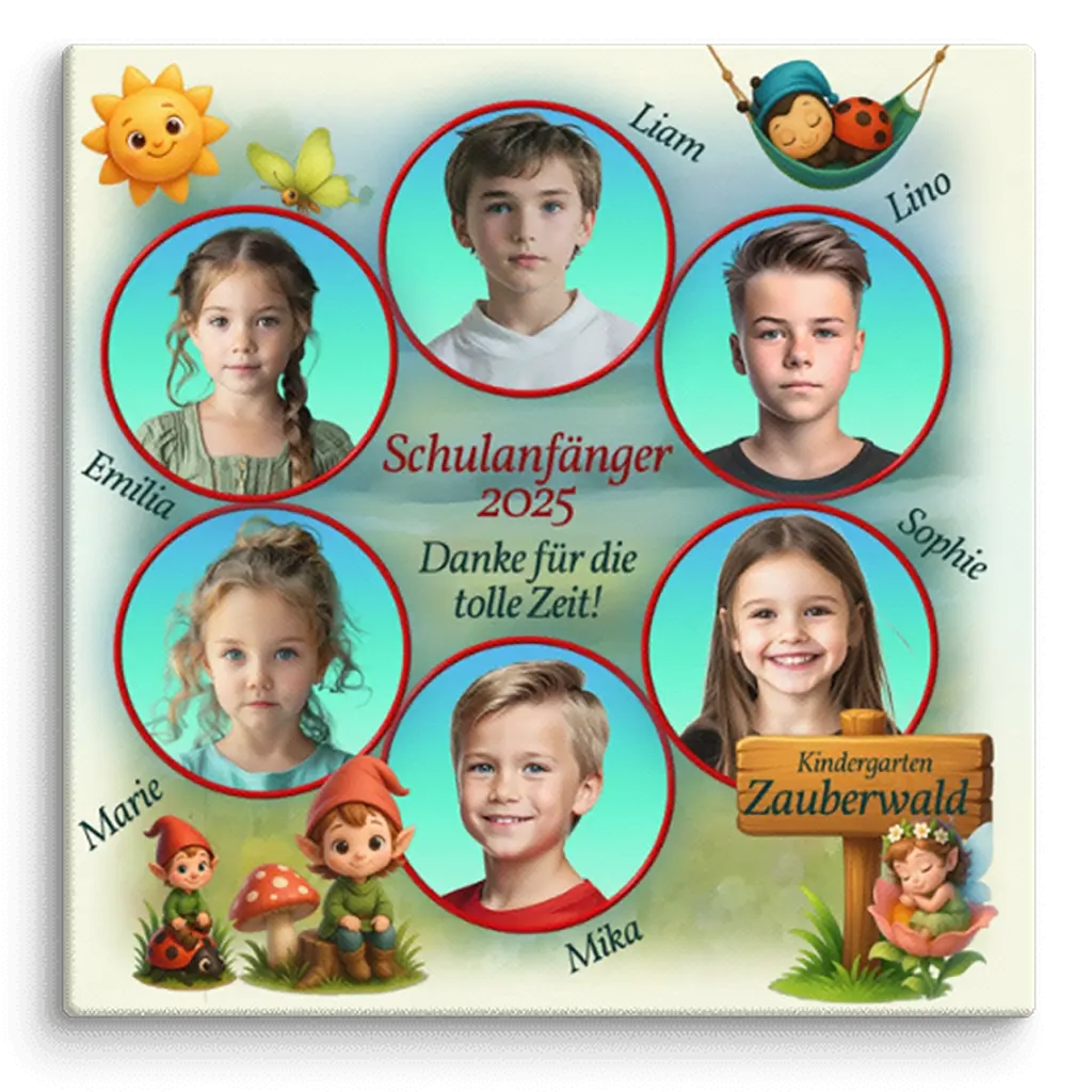 Personalisierte Leinwand Zauberwald mit Kinderfotos zum Kindergartenabschied