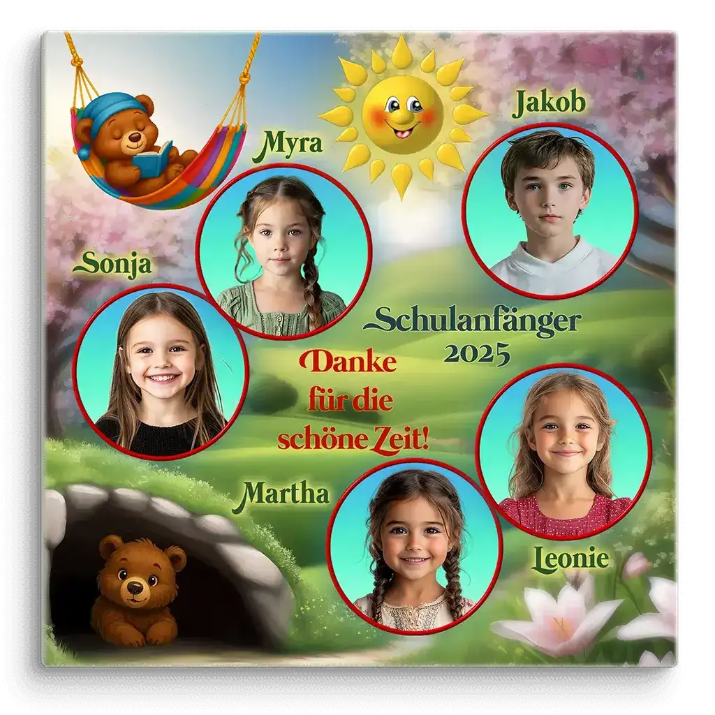 Collage mit Kindergartenkindern, Bär im Wald, Text Schulanfänger 2025, Danke für die schöne Zeit