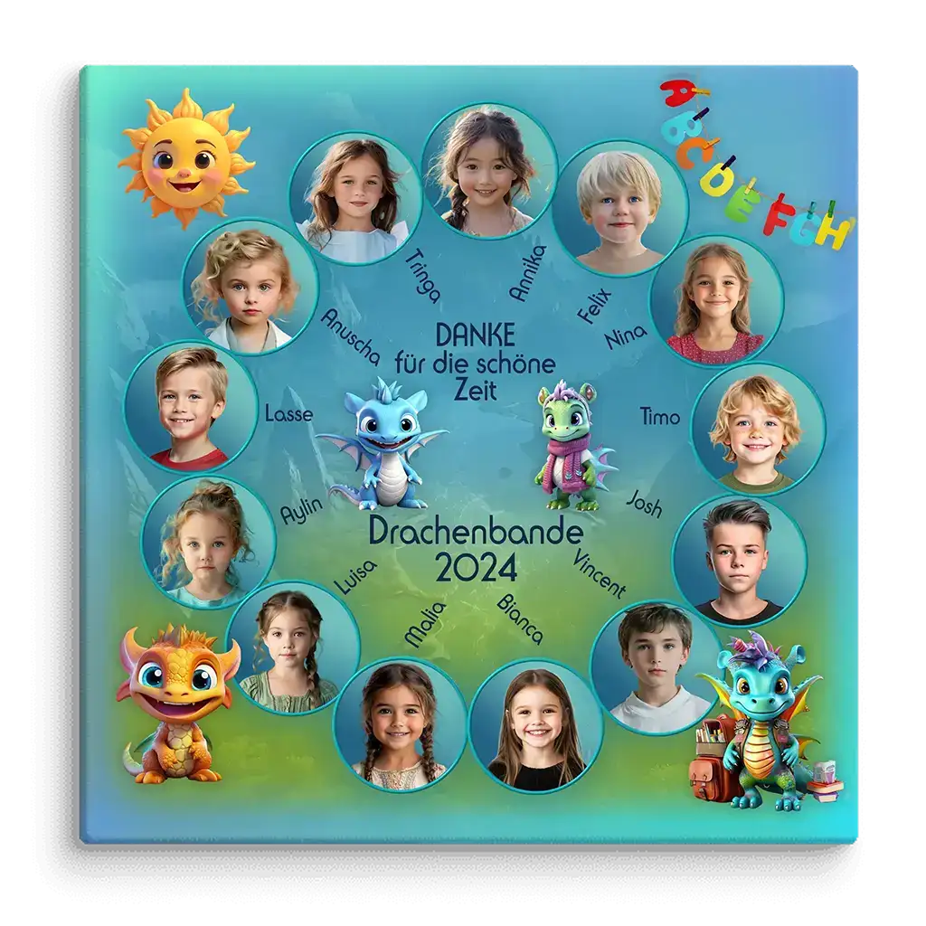 Kita Abschiedsfoto Drachenbande 2025 mit Kinderportraits, bunten Drachen und Schulmotiven
