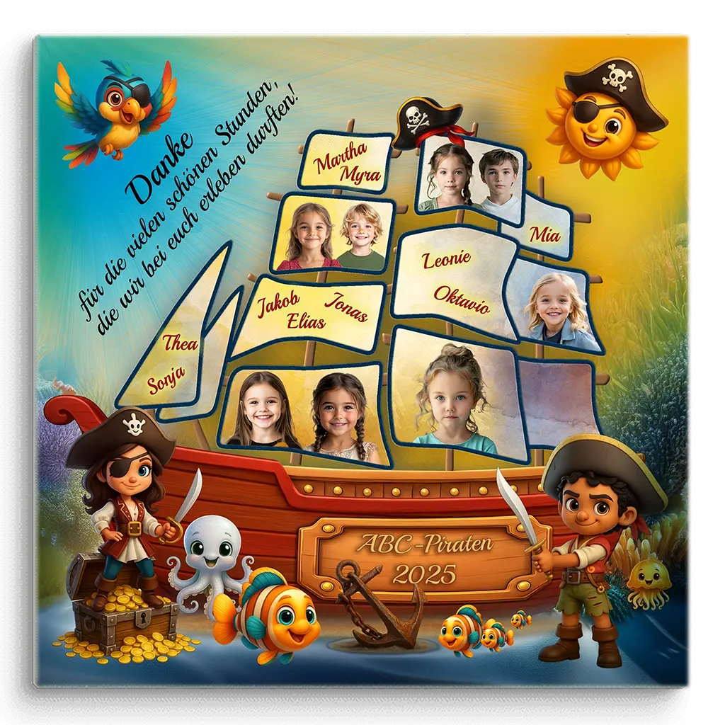 Fantisievolle Leinwand zum Thema Piraten mit Kinderfotos zum Kindergartenabschied