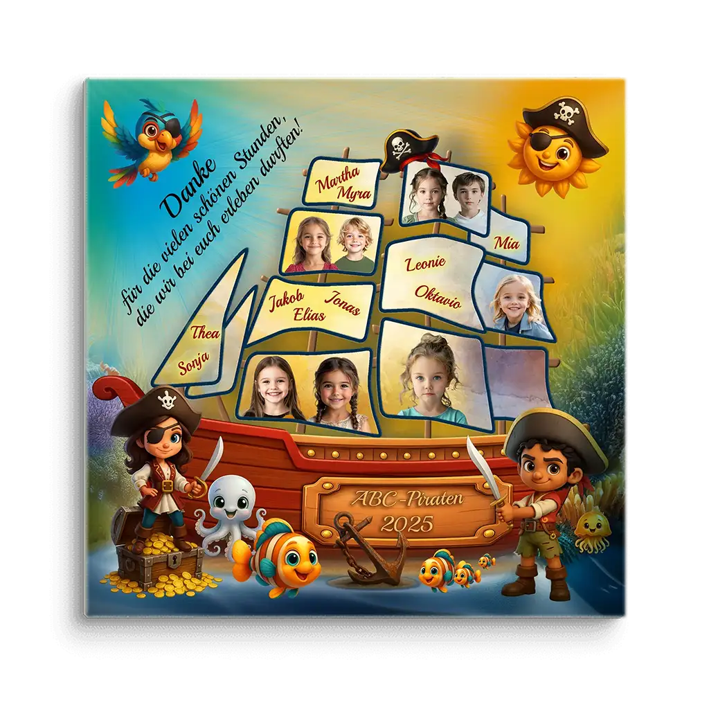 Kindergarten Abschiedsgeschenk Collage mit Piratenschiff, Kinderfotos, Cartoon-Piraten und Meeresmotiven