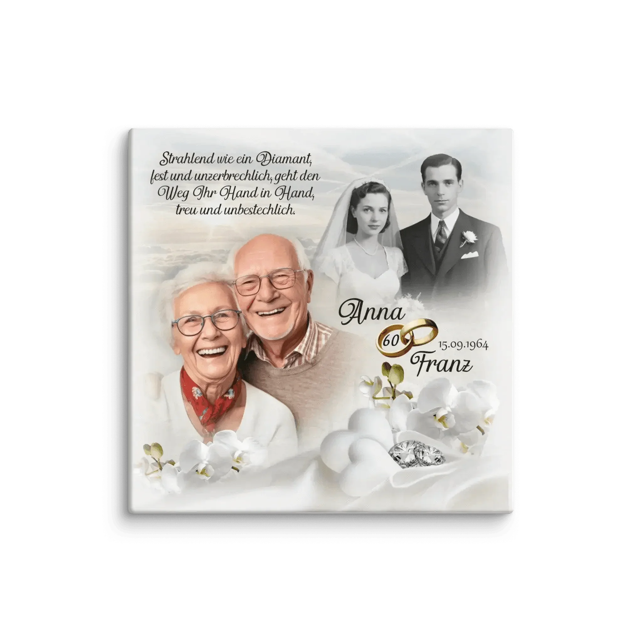 Personalisierte Leinwand zur Diamanthochzeit mit Paarfoto, Hochzeitsbild, Ringen und Blumen.