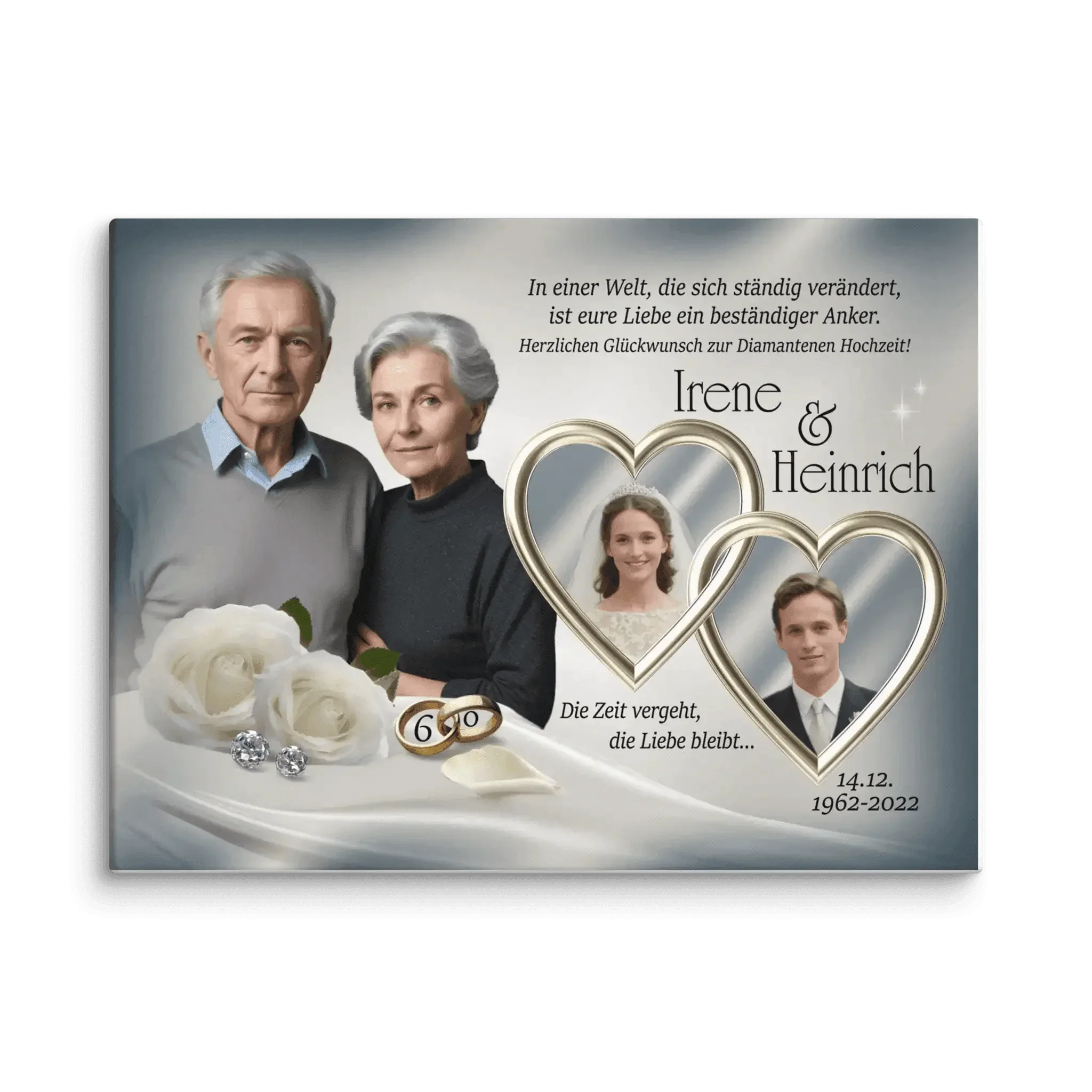 Personalisierte Leinwand Diamanthochzeit mit älterem Paar, Hochzeitsfotos, weißen Rosen und Ringen.