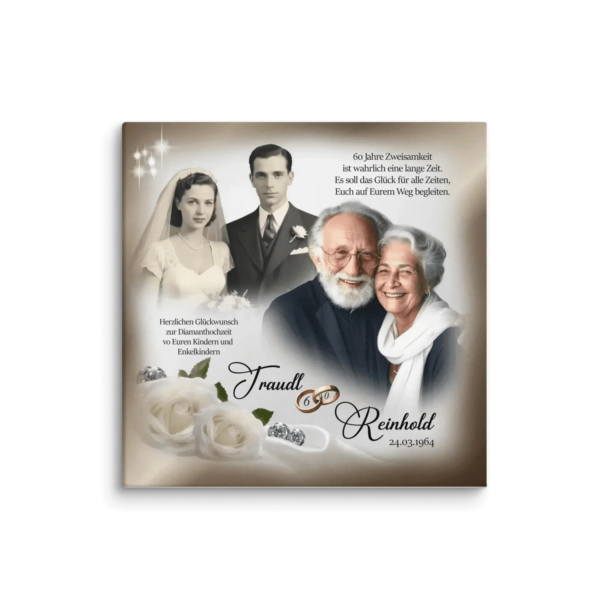 Personalisierte Leinwand zur Diamanthochzeit mit Hochzeits- und Jubiläumspaar, Rosen, Ringen