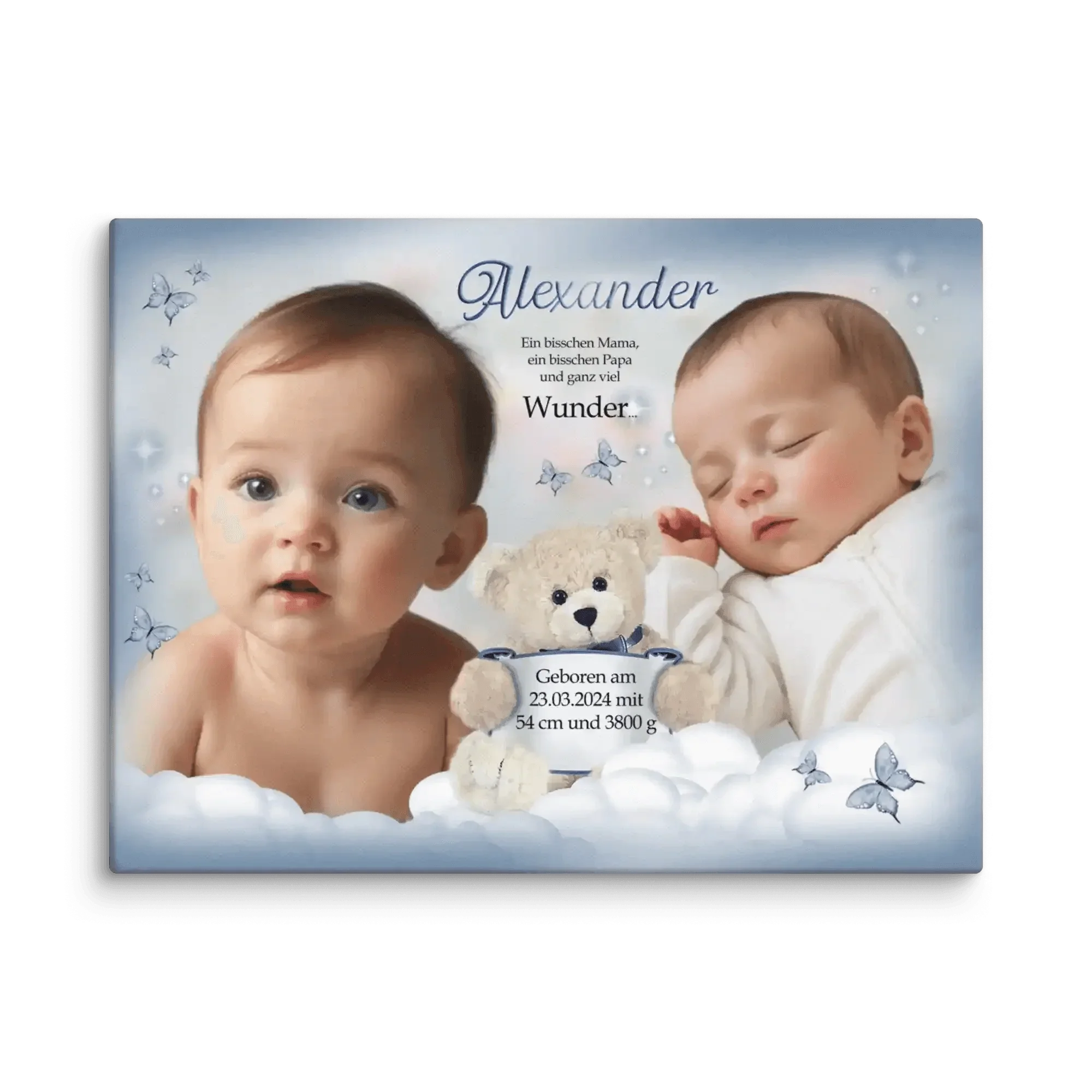 Personalisierte Leinwand mit zwei Babys, Teddybär, Schmetterlingen und Geburtsdaten.