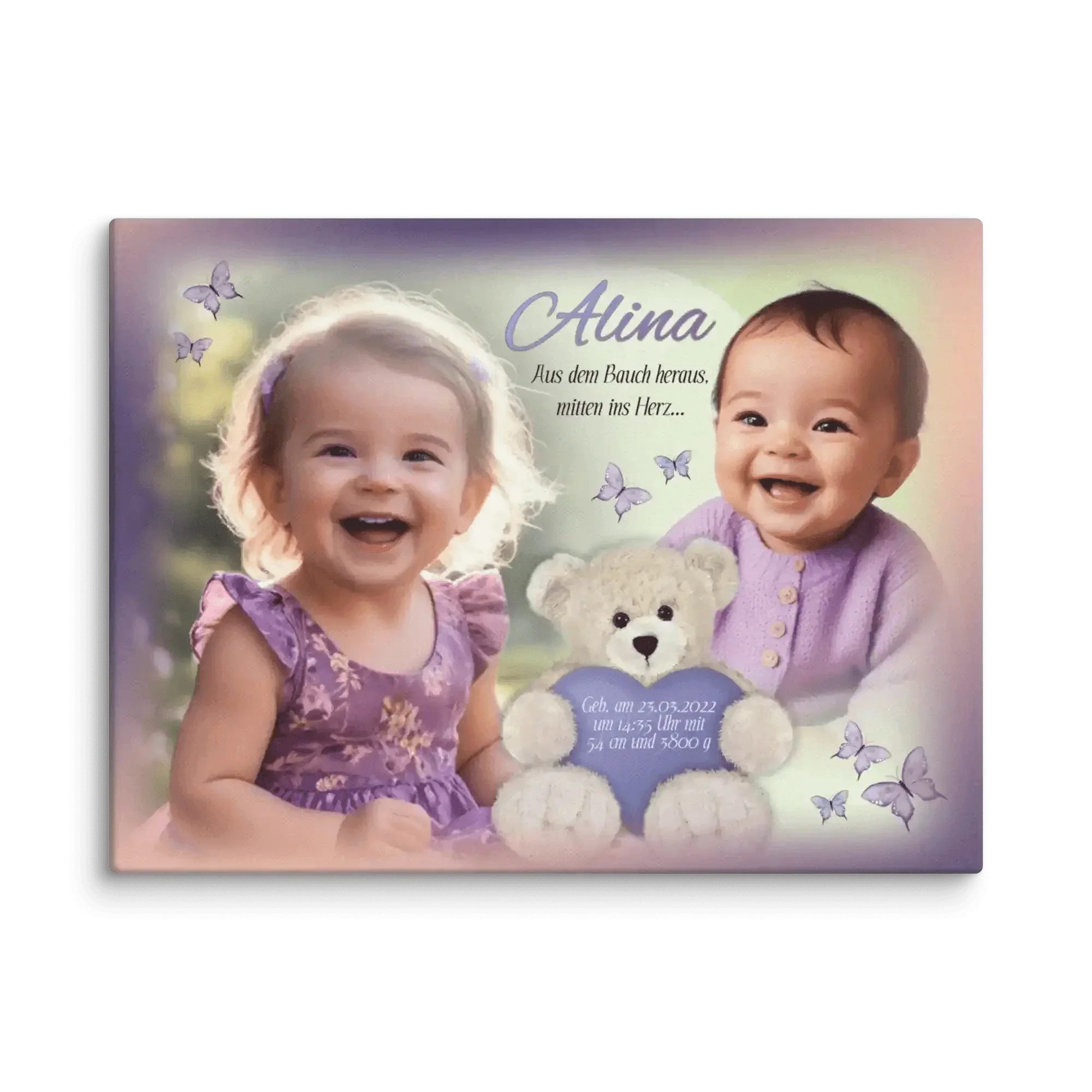Personalisierte Leinwand zur Geburt oder Taufe mit zwei lachenden Babys, Teddybär und Schmetterlingen