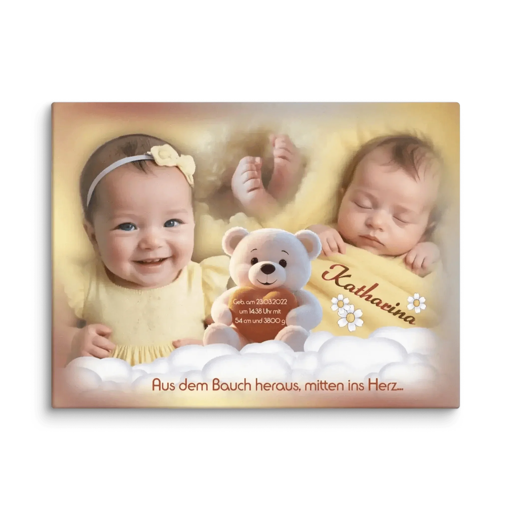 Personalisierte Leinwand zur Geburt mit Babyfoto, Teddybär, Name Katharina und Geburtsdaten