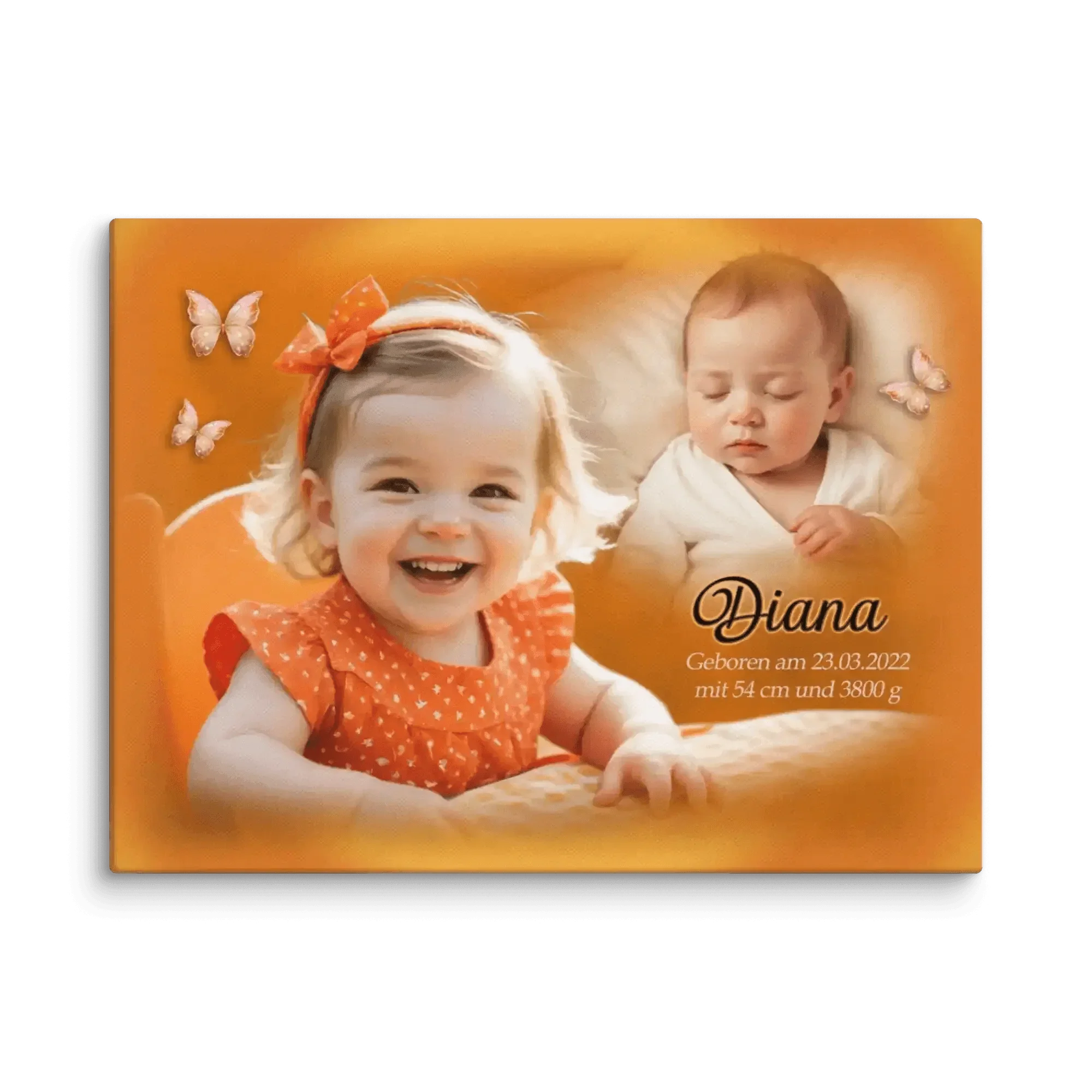 Personalisierte Leinwand zur Geburt mit Babyfotos, Name Diana, Geburtsdaten und Schmetterlingen