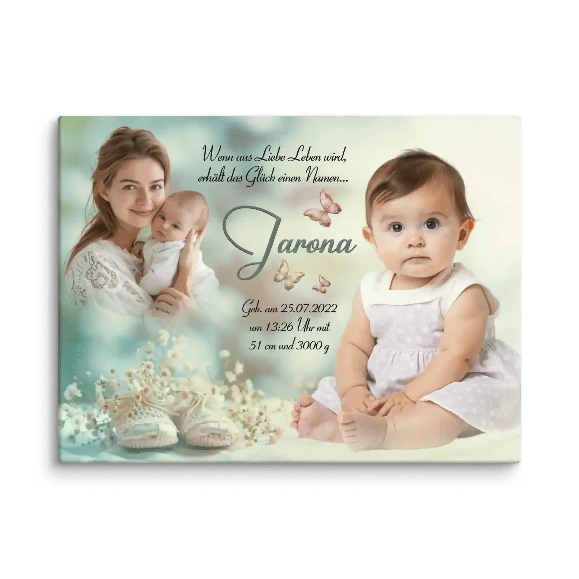 Personalisierte Geburts- und Taufleinwand mit Baby, Mutter, Babyschuhen und Schmetterlingen