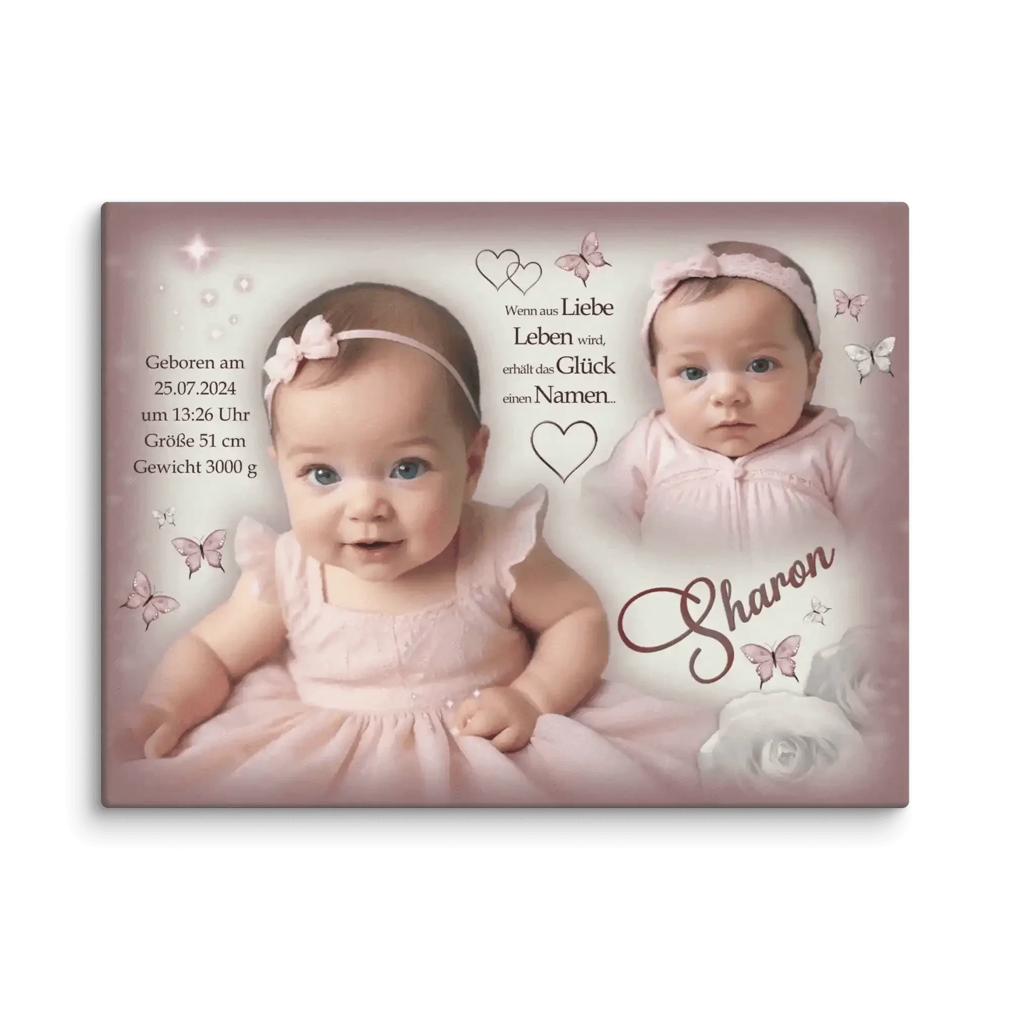 Personalisierte Leinwand zur Geburt mit zwei Babyfotos, rosa Schmetterlingen und Geburtsdaten.