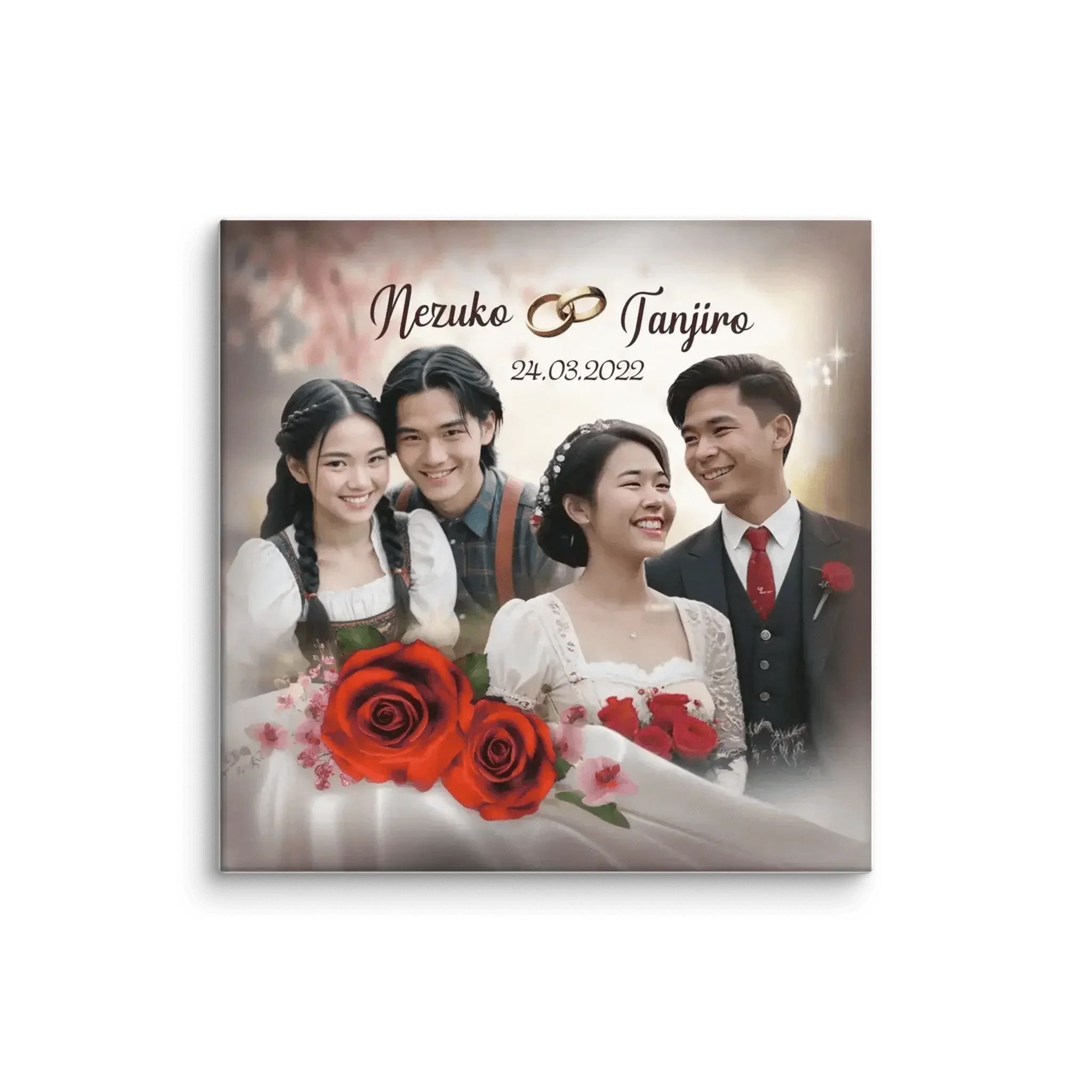 Hochzeitsbild mit Paar in festlicher Kleidung, roten Rosen, Datum 24.03.2022, Namen Nezuko und Tanjiro