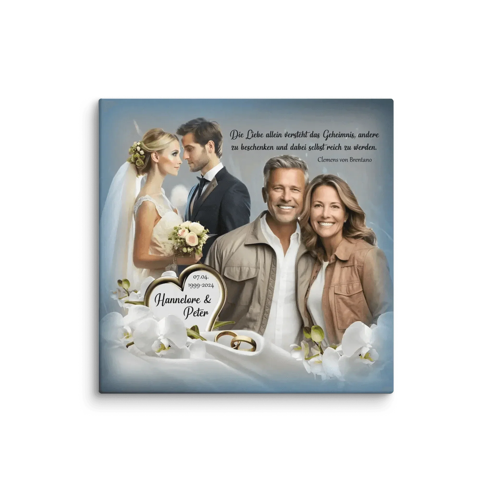 Leinwand Silberhochzeit mit Paar, Hochzeitsfoto, Ringen und Blumen, personalisiert mit Namen