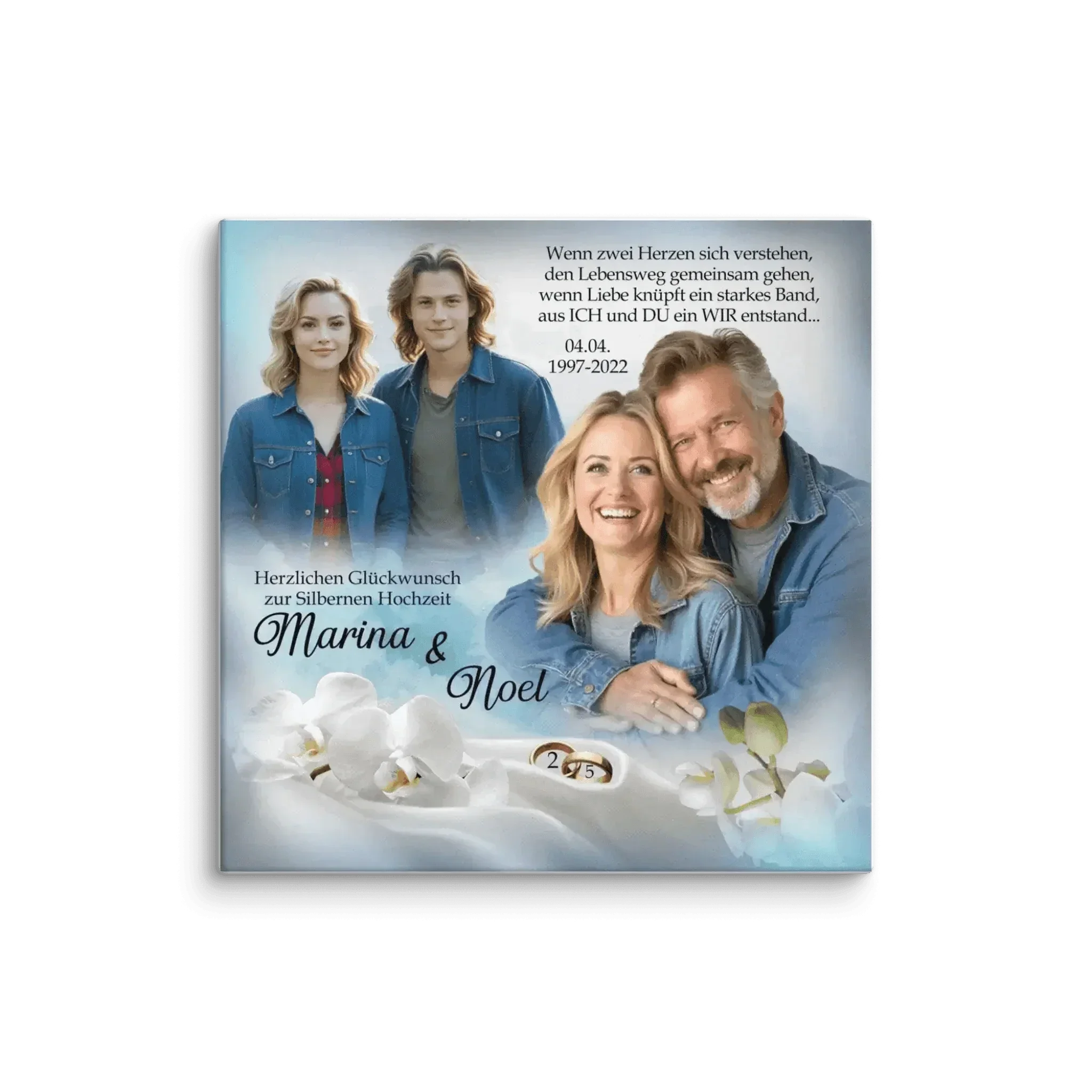 Leinwand Silberhochzeit personalisiert mit Paarporträts, Eheringen und weißen Orchideen.