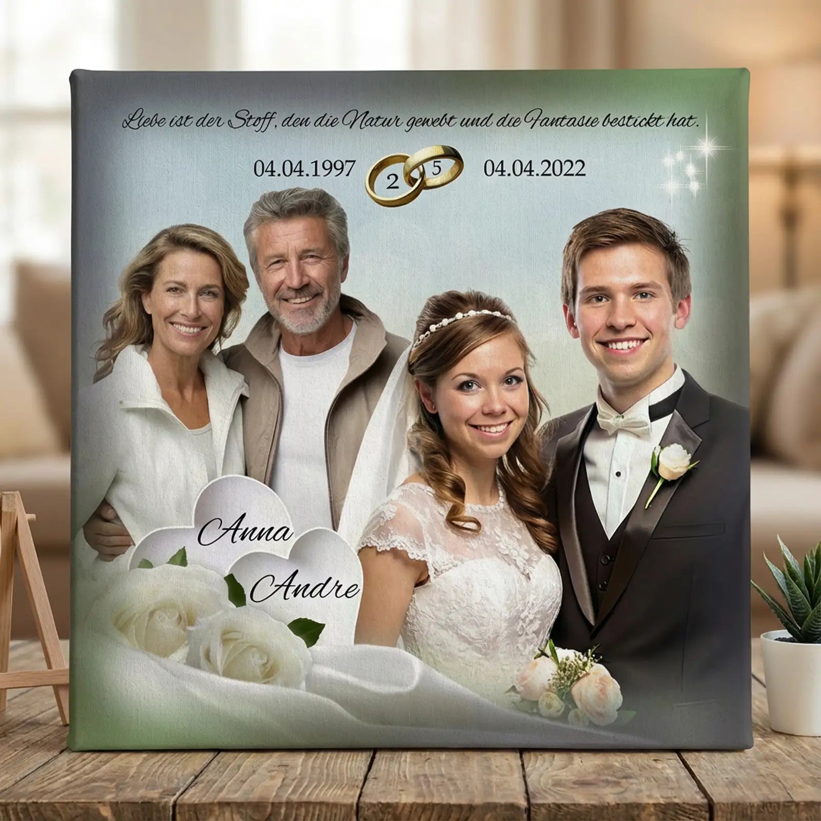 Leinwand Silberhochzeit personalisiert mit Paarporträts, Eheringen und weißen Orchideen.