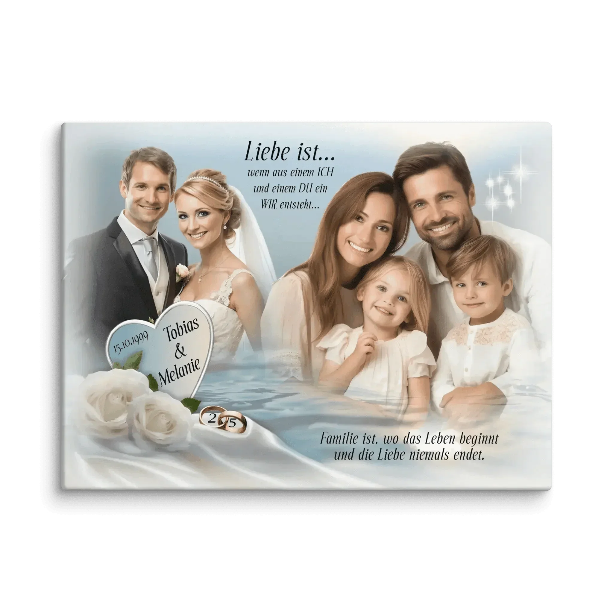 Leinwand Silberhochzeit mit Brautpaar, Familie, weißen Rosen und Eheringen als Geschenkidee