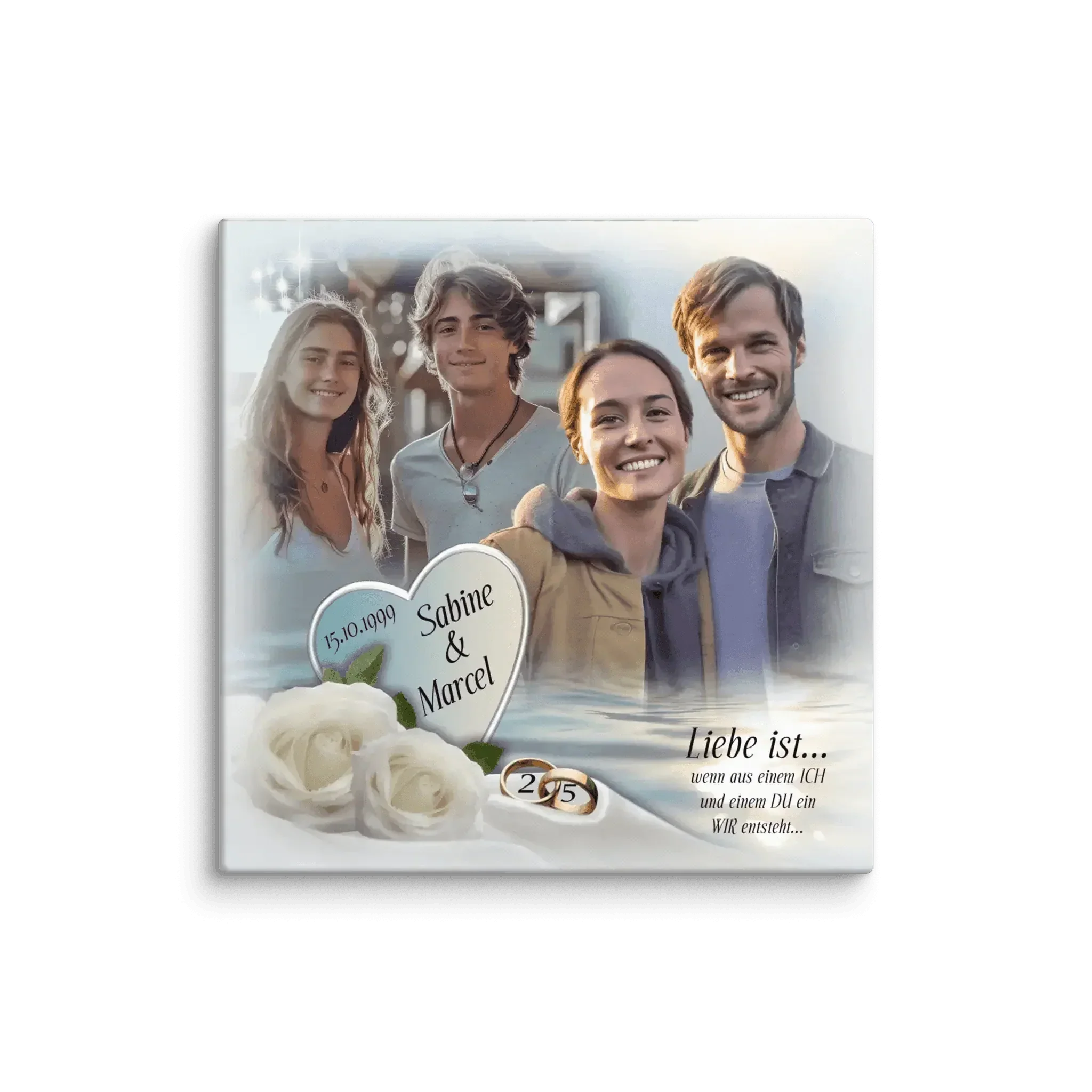 Leinwand Silberhochzeit mit vier Personen, weißen Rosen, Herzen und Trauringen, Sabine & Marcel, Jubiläumsgeschenk