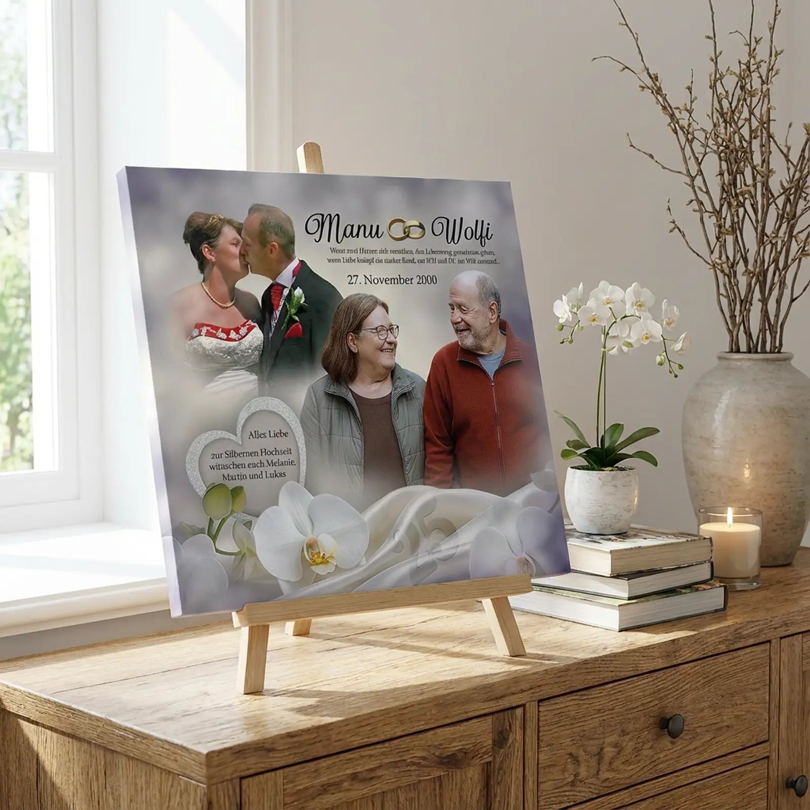 Leinwand Silberhochzeit mit vier Personen, weißen Rosen, Herzen und Trauringen, Sabine & Marcel, Jubiläumsgeschenk