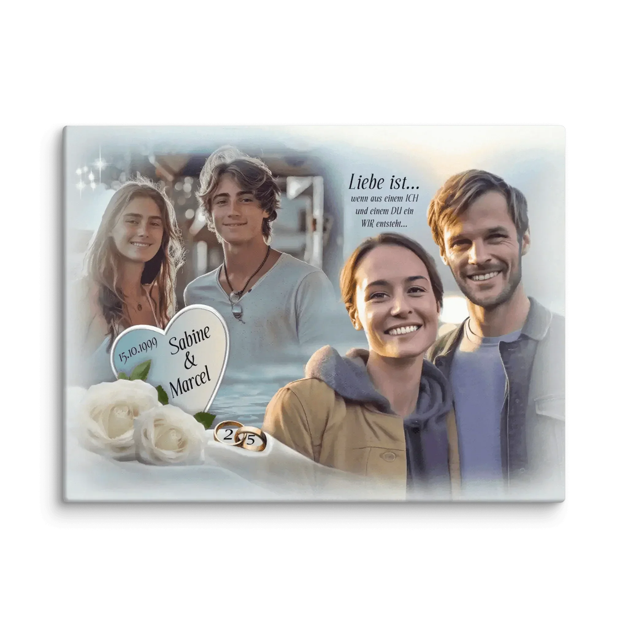 Personalisierte Leinwand zur Silberhochzeit mit Paarfotos, weißen Rosen und Eheringen