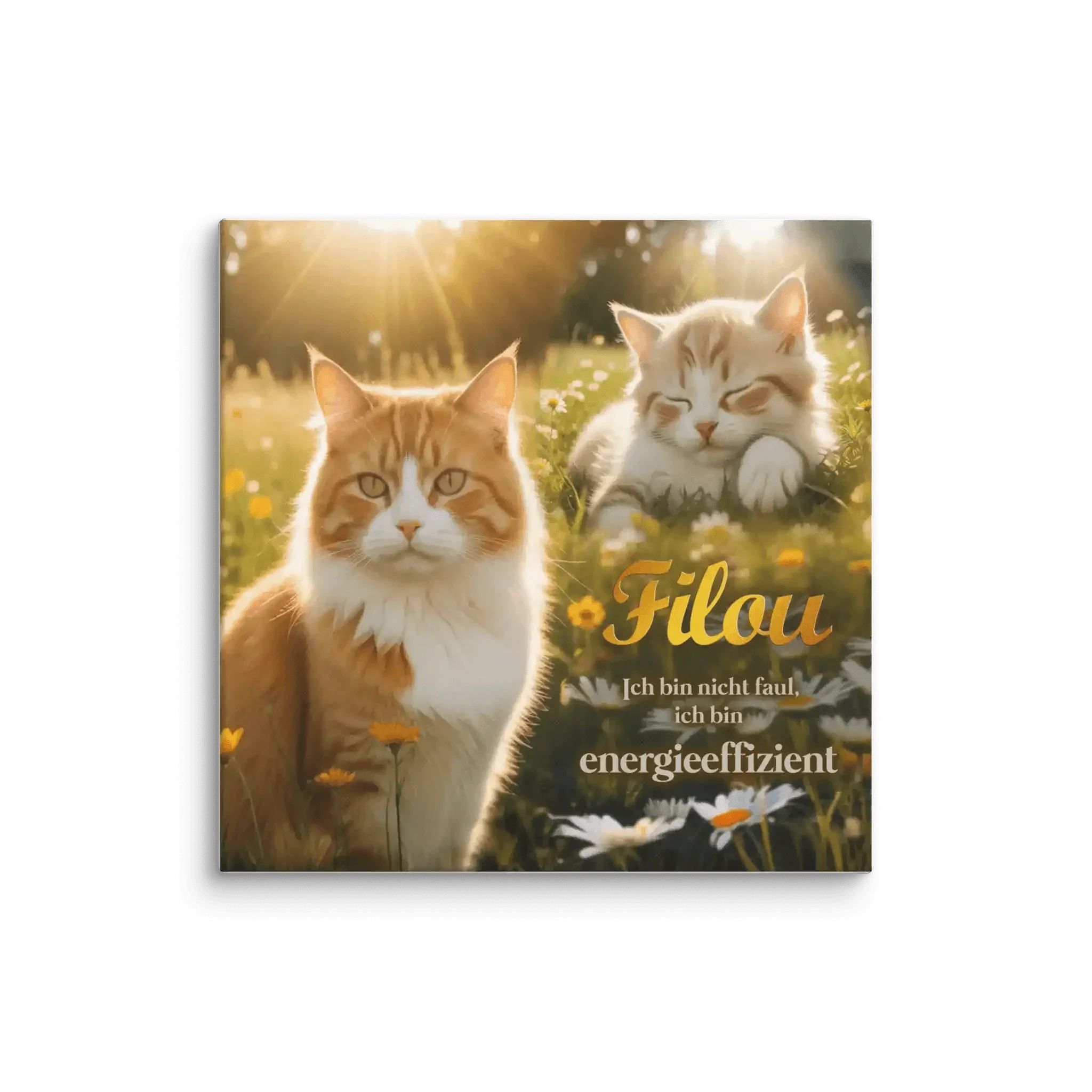 Leinwandbild mit zwei Katzen im Sonnenlicht auf Blumenwiese, Schriftzug Filou, energieeffizient