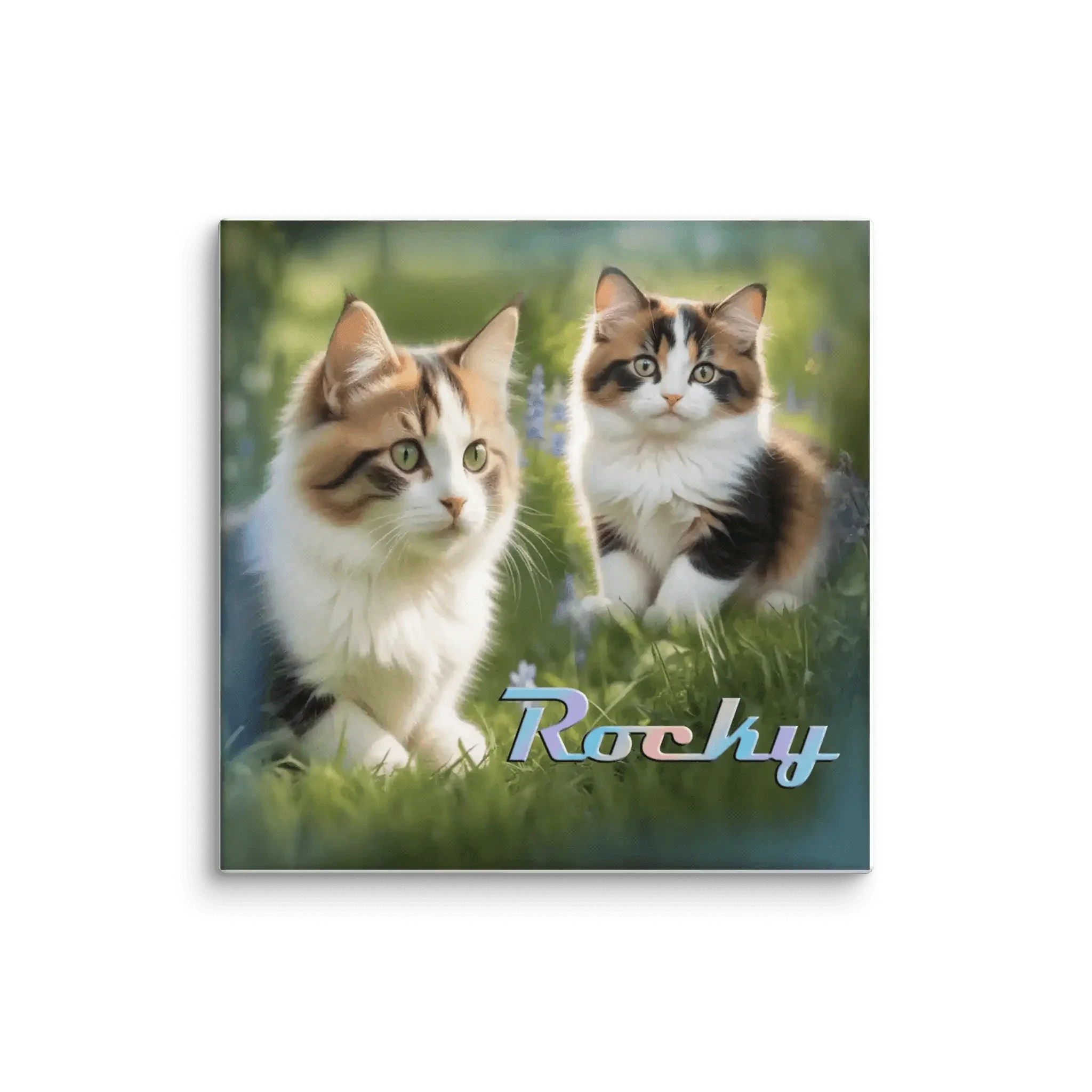 Leinwand mit zwei süßen Katzen im grünen Gras, Text Rocky, Tier Deko Wandbild