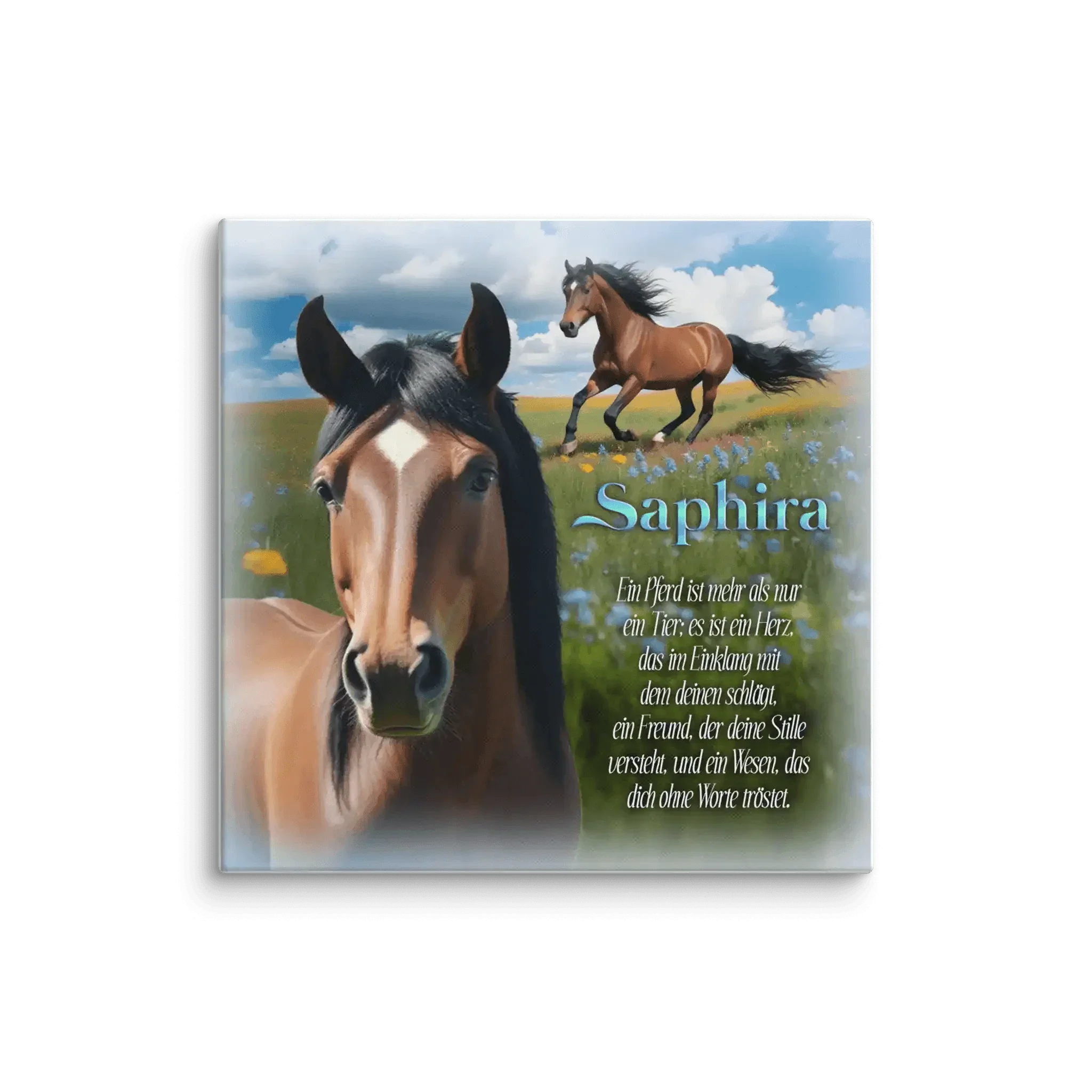 Leinwandbild mit zwei braunen Pferden auf einer Blumenwiese, Text Saphira, Zitat über Pferdefreundschaft