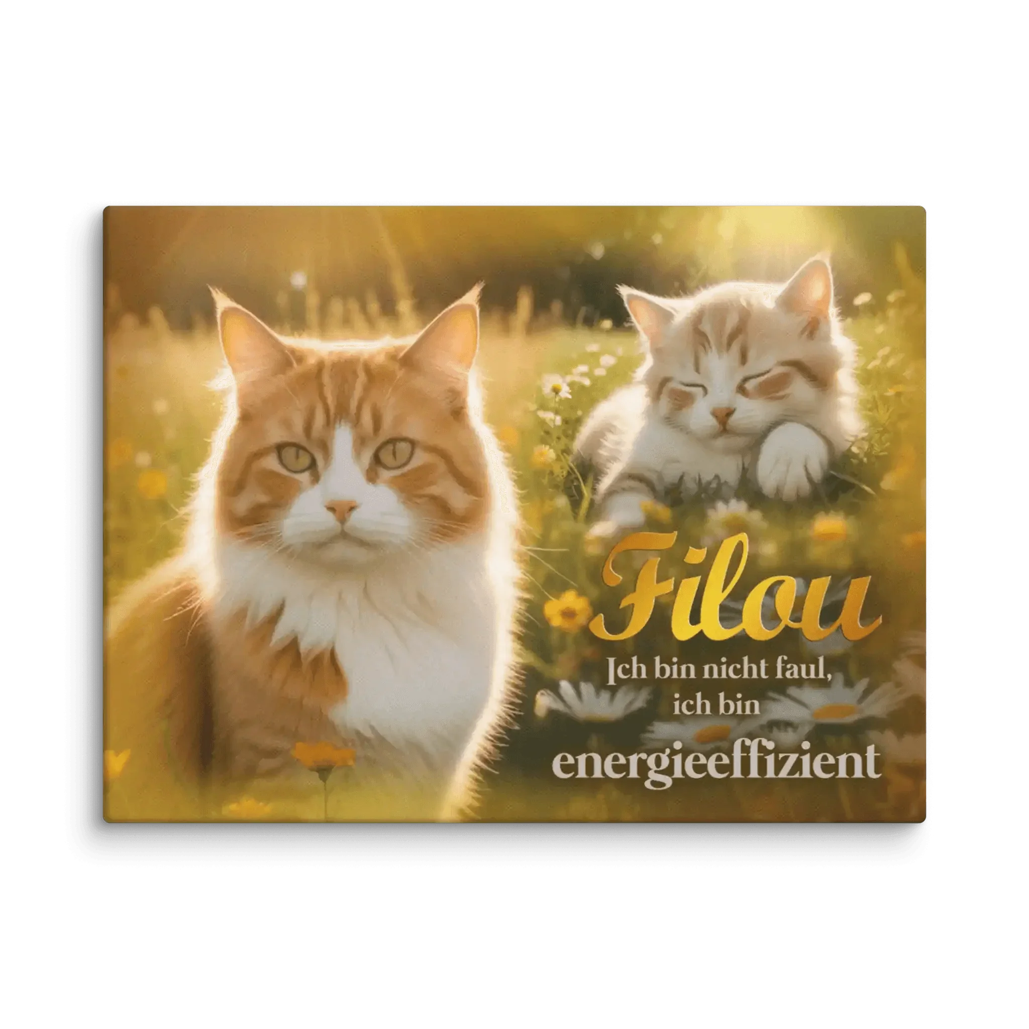 Leinwand mit zwei Katzen im Sonnenschein auf Blumenwiese, Text Filou, energiesparend, dekorativ