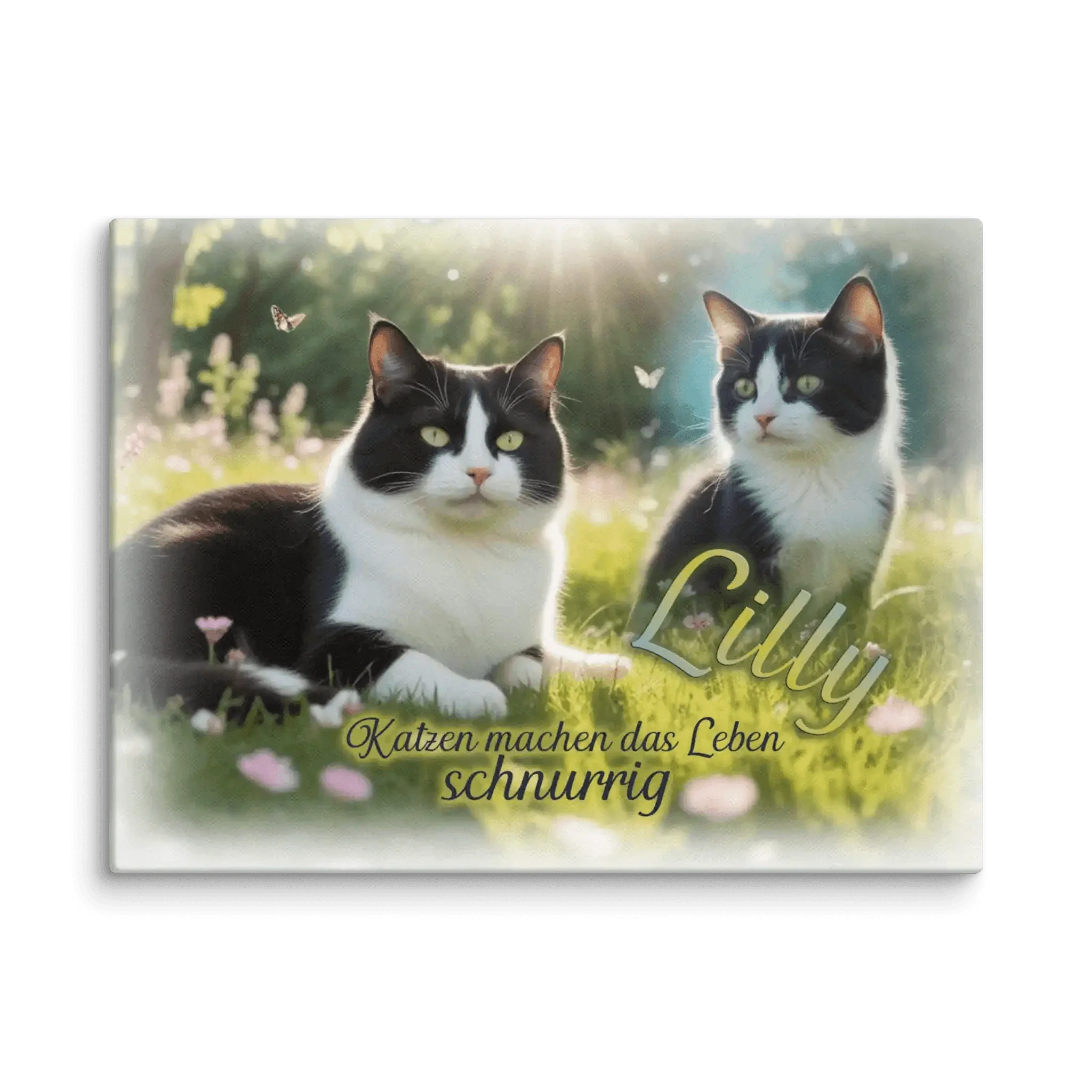 Zwei schwarz-weiße Katzen auf Leinwand im Garten mit Sonnenstrahlen, Text: Lilly, Katzen machen das Leben schnurrig