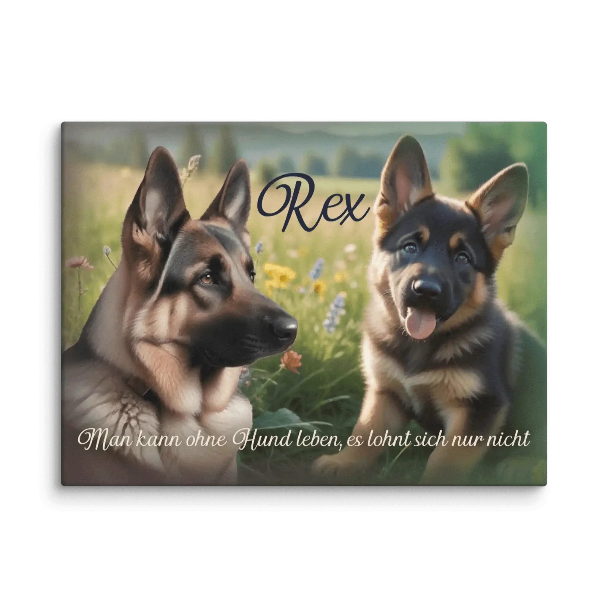 Leinwandbild mit zwei Schäferhunden auf Blumenwiese, Name Rex, Hundespruch in Deutsch