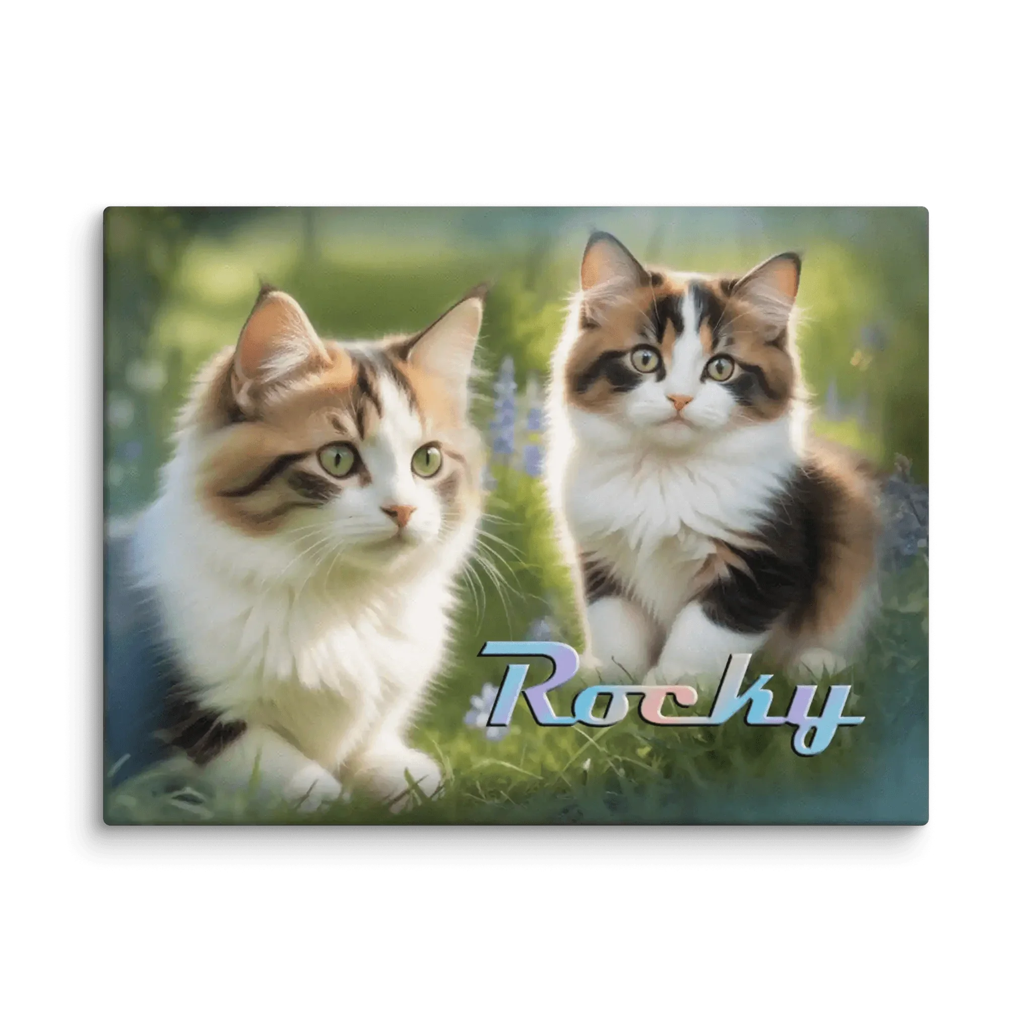 Leinwand mit zwei süßen Katzen im Gras, Blumenhintergrund, Schriftzug Rocky