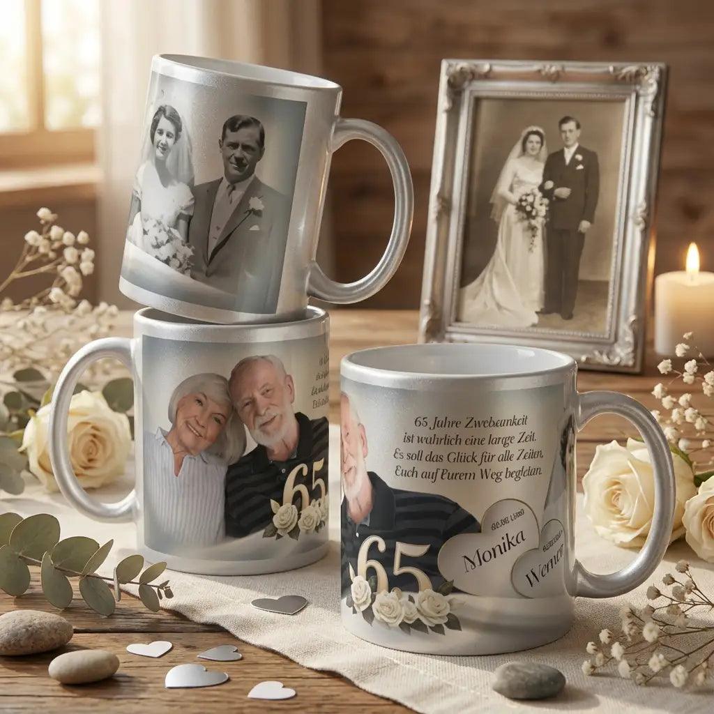 Mockup Eiserne Hochzeit. 3 mit Fotos bedruckte Tassen und Namen und Spruch