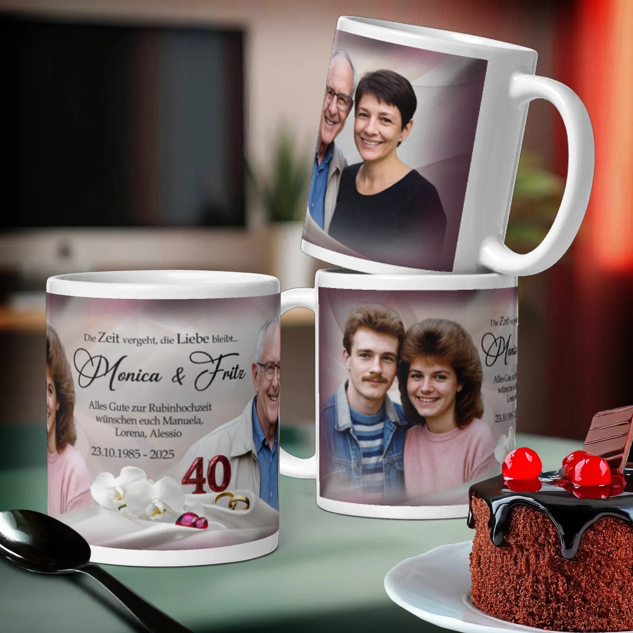 Personalisierte Fototasse zum 40. Hochzeitstag mit Bildern eines Paares und Jubiläumsdesign.