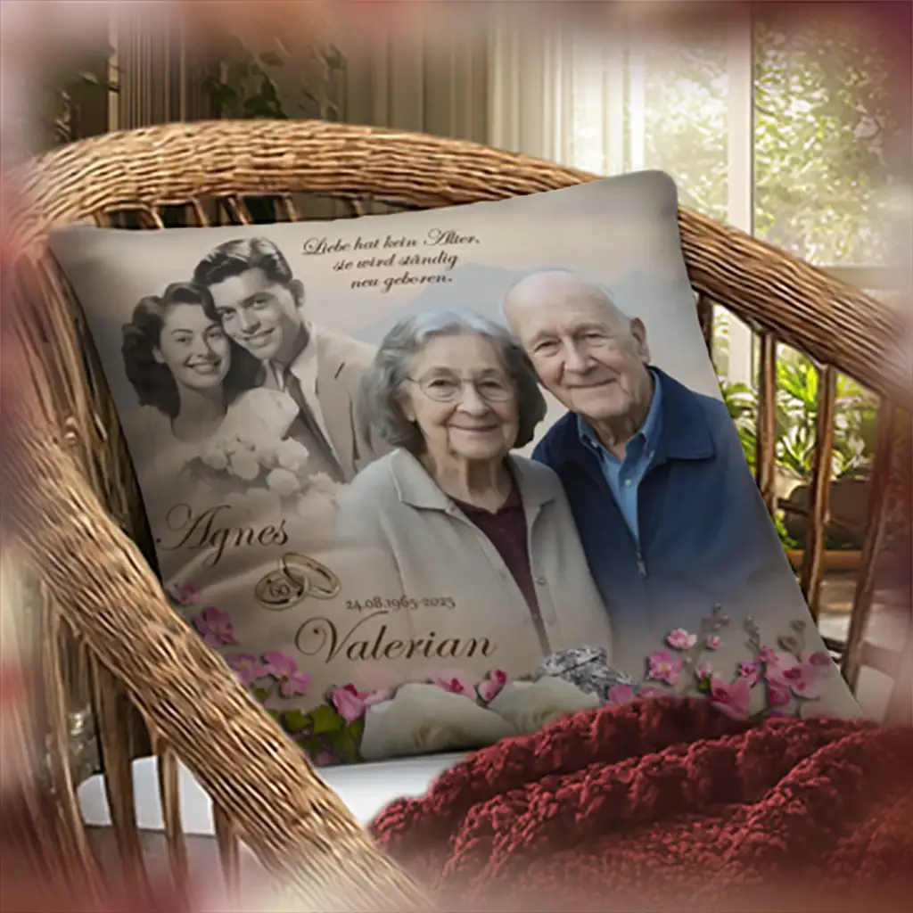 mockup Dekokissen Diamanthochzeit mit Collage aus alten Hochzeitsfotos