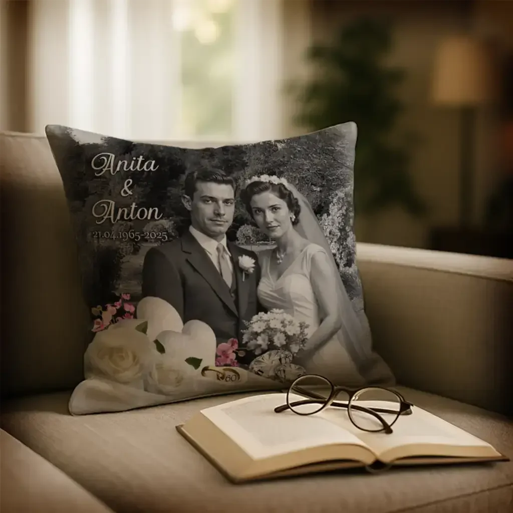 Personalisierte Kissen Diamantene Hochzeit mit Schwarz-Weiß-Hochzeitsfoto und Blumendekor