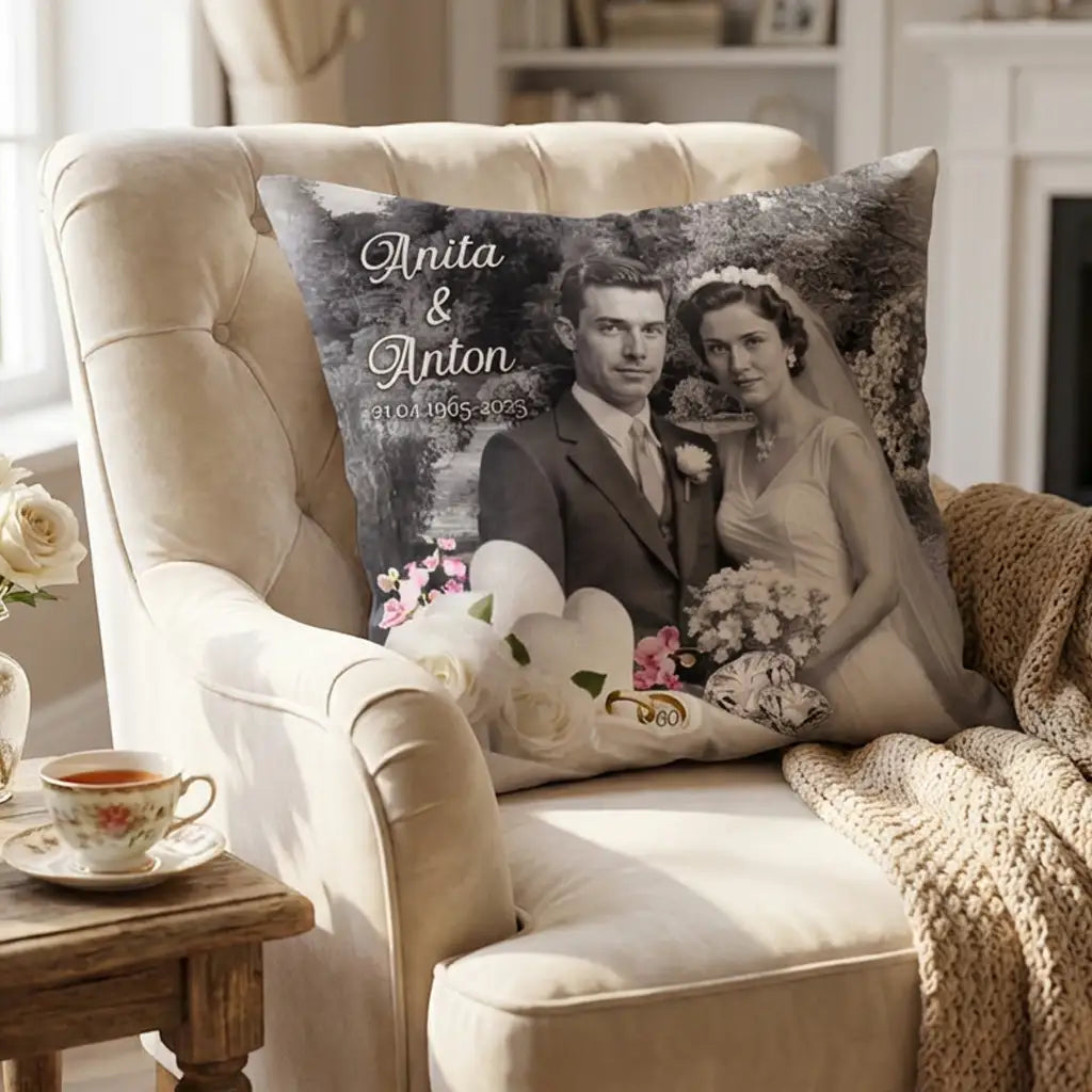 Diamanthochzeit - Kissen mit Brautpaar und Rosendeko. Diamanten und Herzen als Dekor