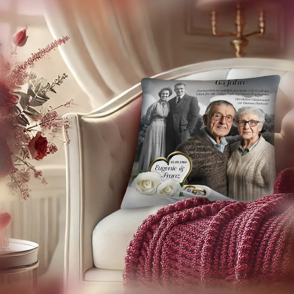 Kissen mit Collage zur Eisernen Hochzeit